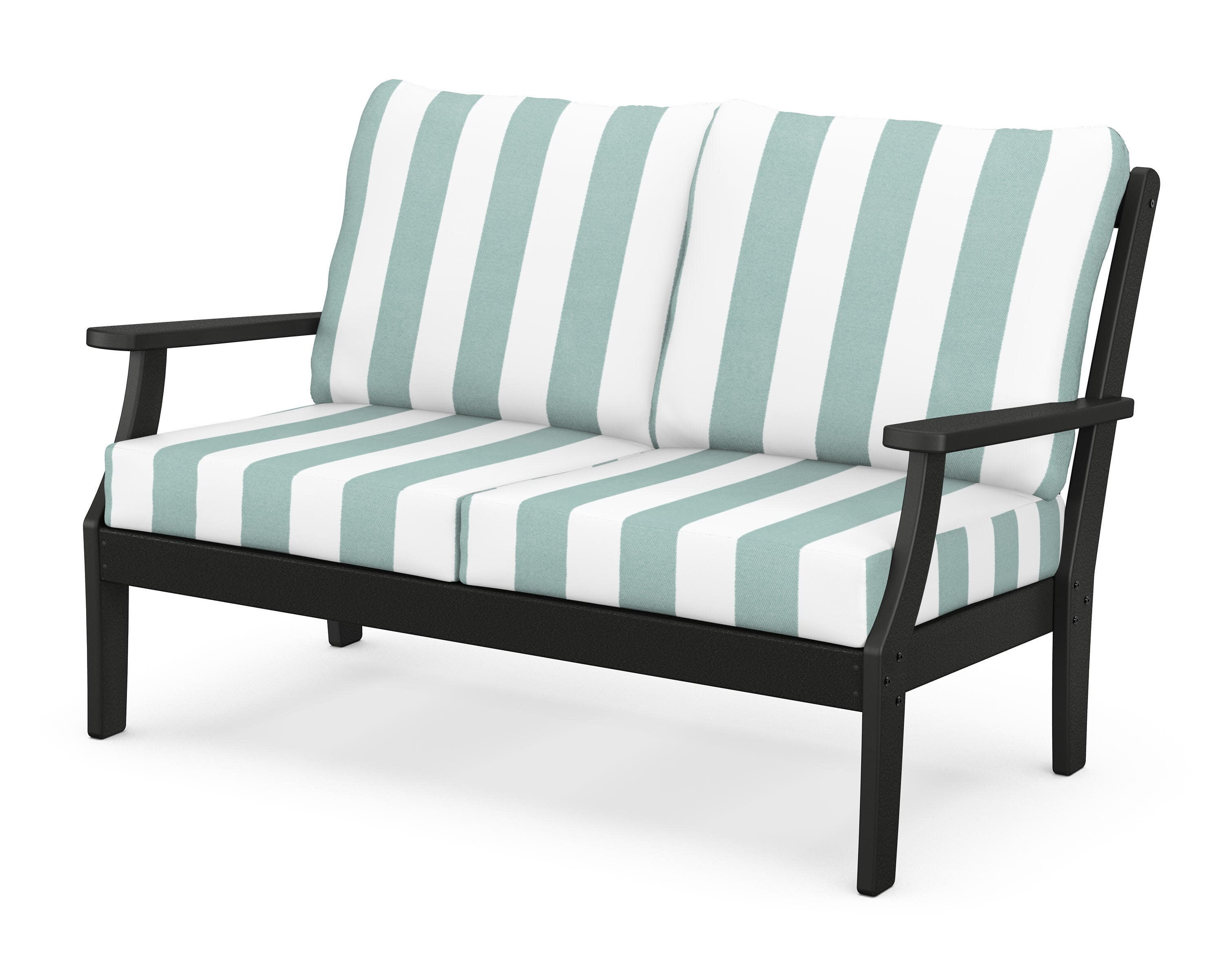 Yacht Club Deep Seating Loveseat in Charcoal Black / Cabana Stripe Glacier Spa