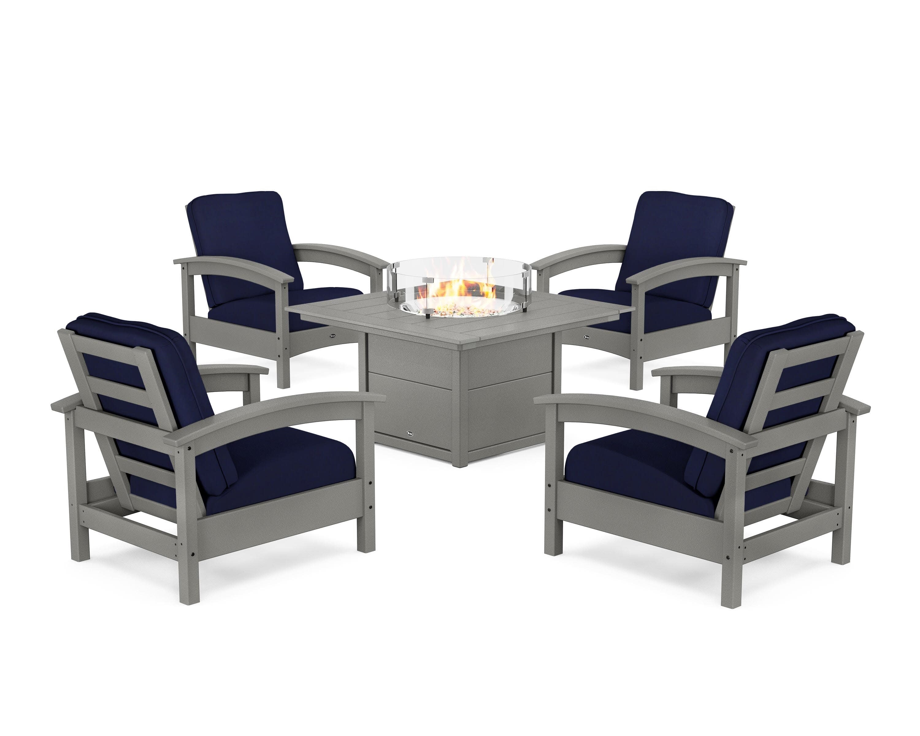 Rockport 5-Piece Deep Seating Set with Square Fire Pit Table in Stepping Stone / Navy
