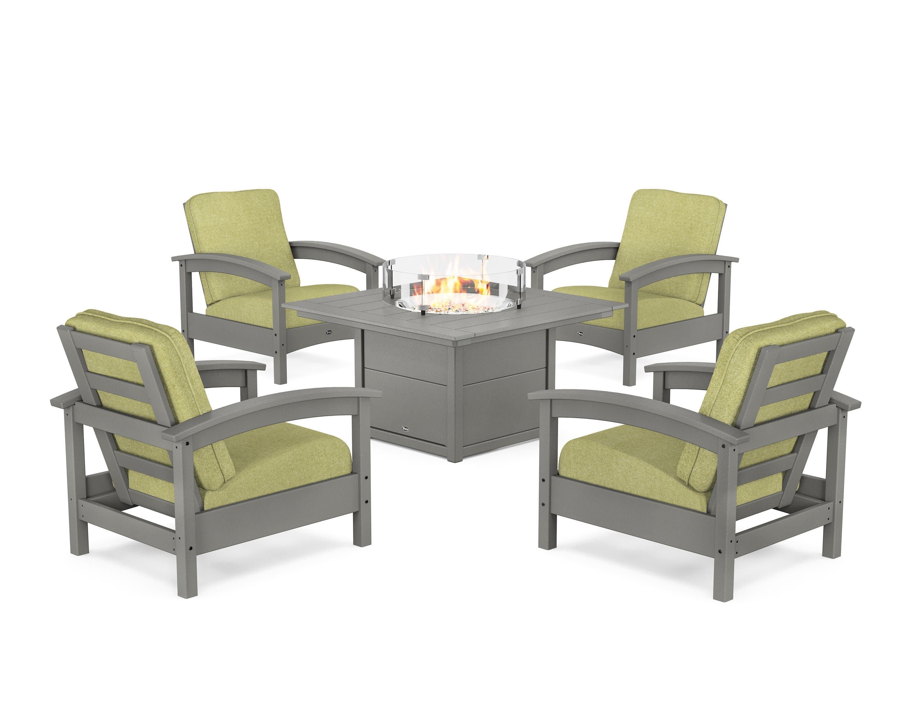 Rockport 5-Piece Deep Seating Set with Square Fire Pit Table in Stepping Stone / Chartreuse Boucle