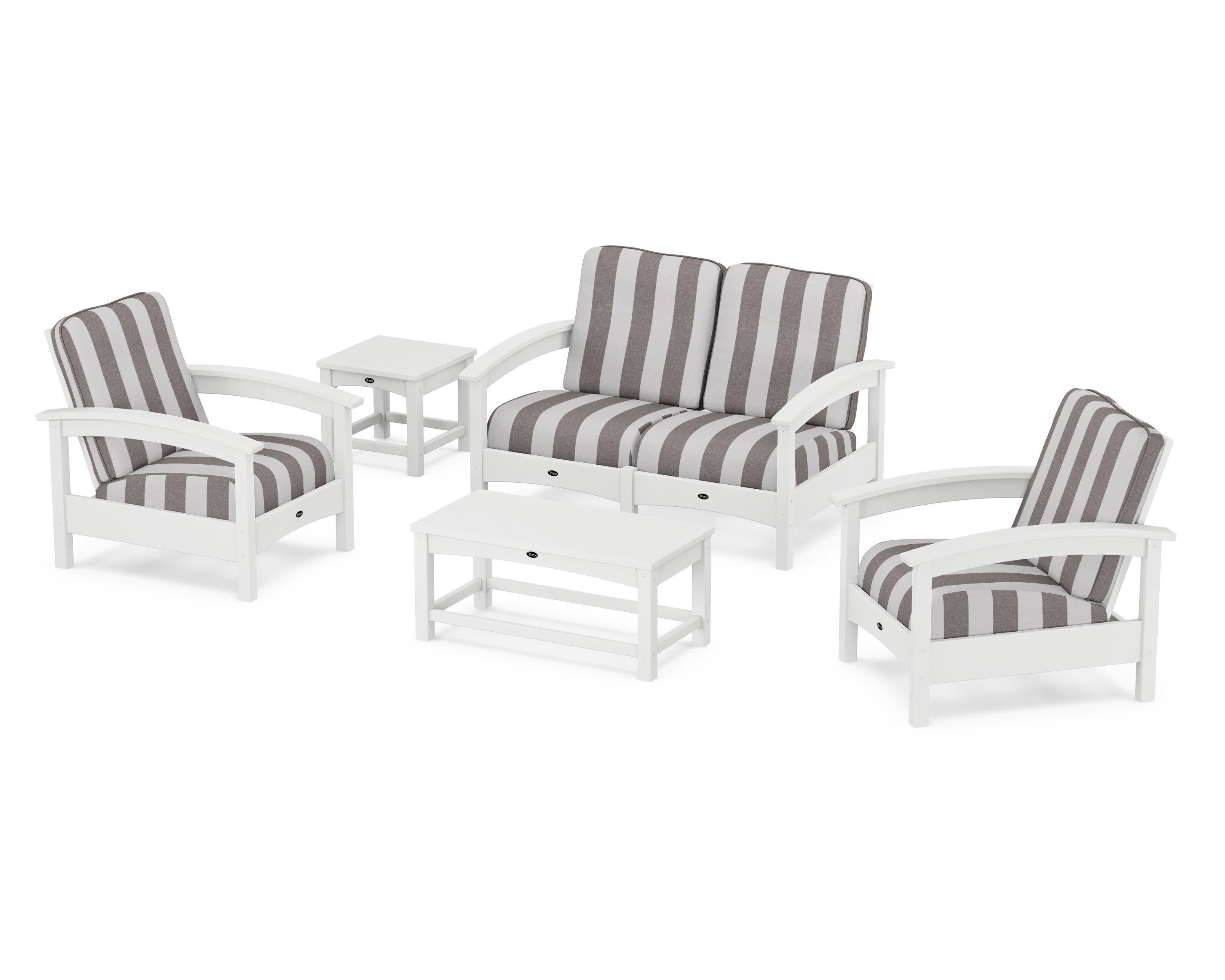 Rockport Club 6-Piece Deep Seating Conversation Set in Classic White / Cabana Stripe Grey Mist