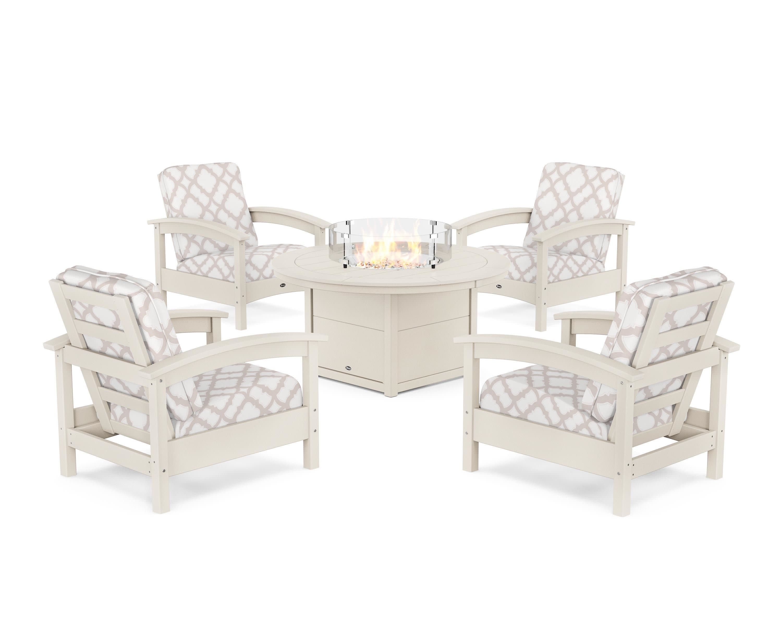 Rockport 5-Piece Deep Seating Set with Round Fire Pit Table in Sand Castle / Trellis Dune Burlap