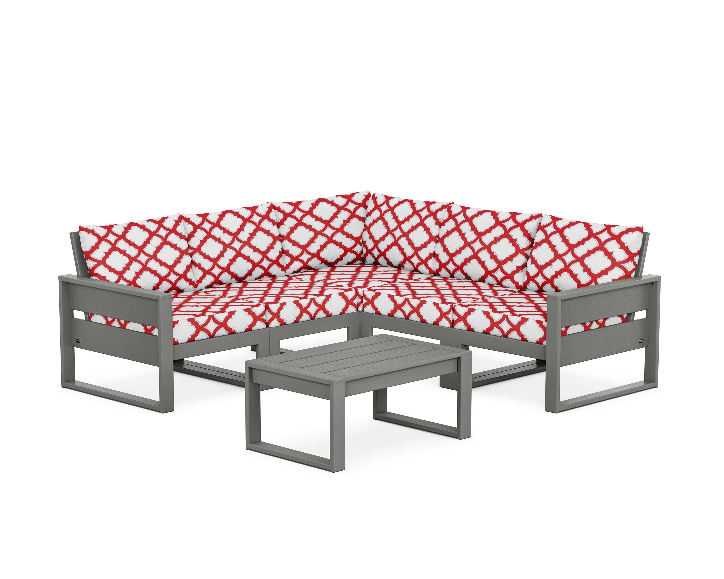 Eastport 6-Piece Deep Seating Sectional + Coffee Table Set in Stepping Stone / Trellis Crimson