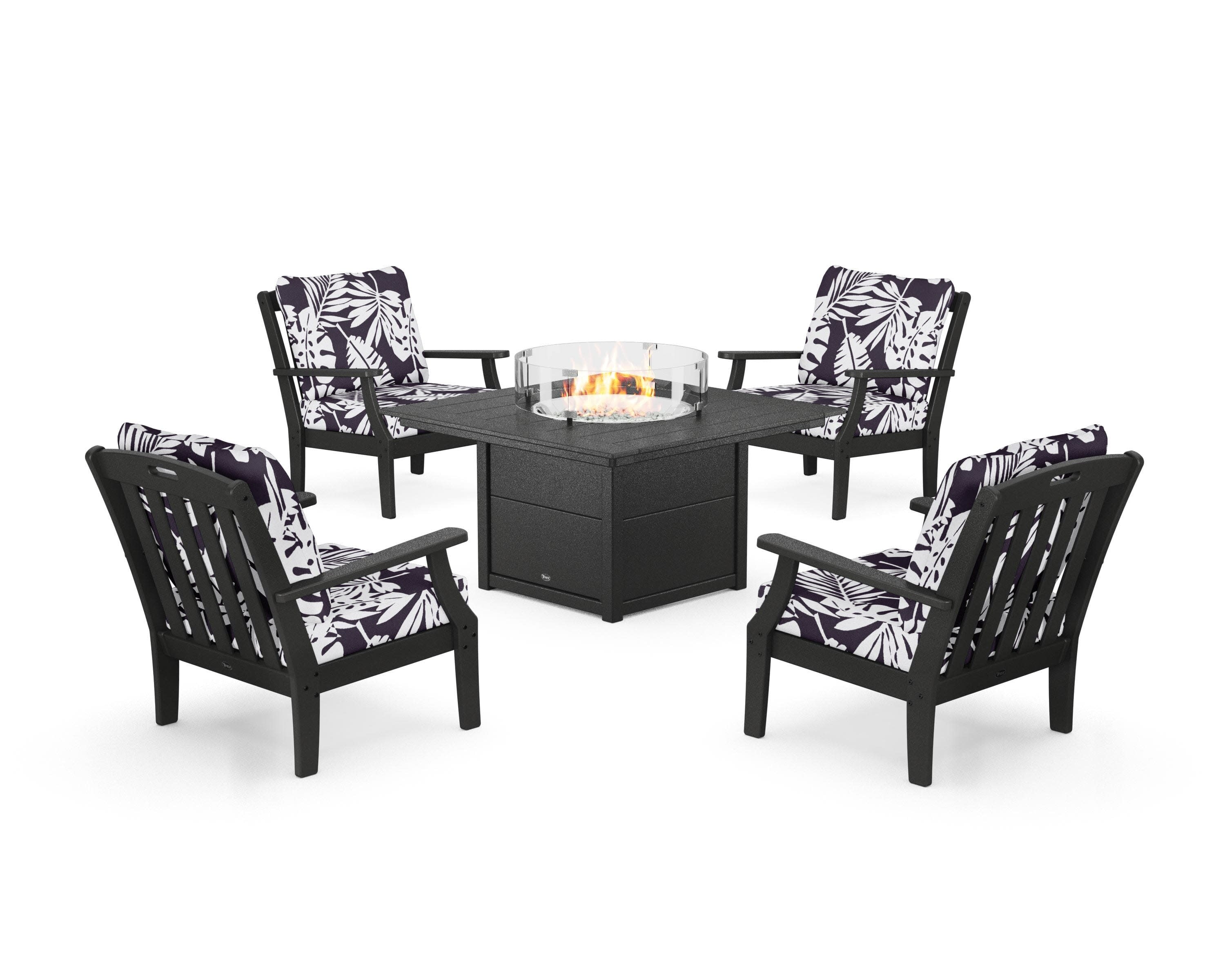 Yacht Club 5-Piece Deep Seating Set with Square Fire Pit Table in Charcoal Black / Leaf Navy
