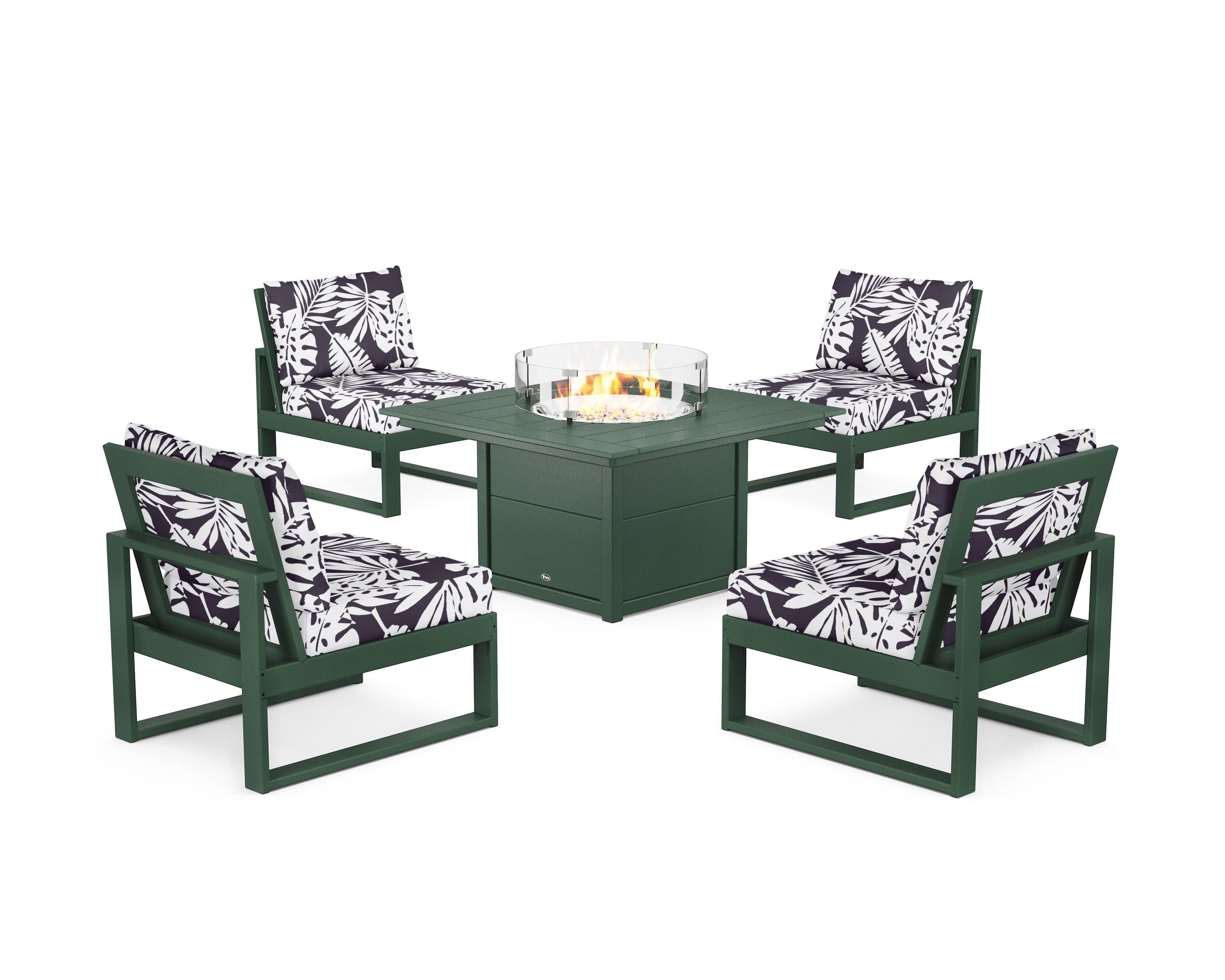 Eastport Modular 5-Piece Deep Seating Set with Square Fire Pit Table in Rainforest Canopy / Leaf Navy