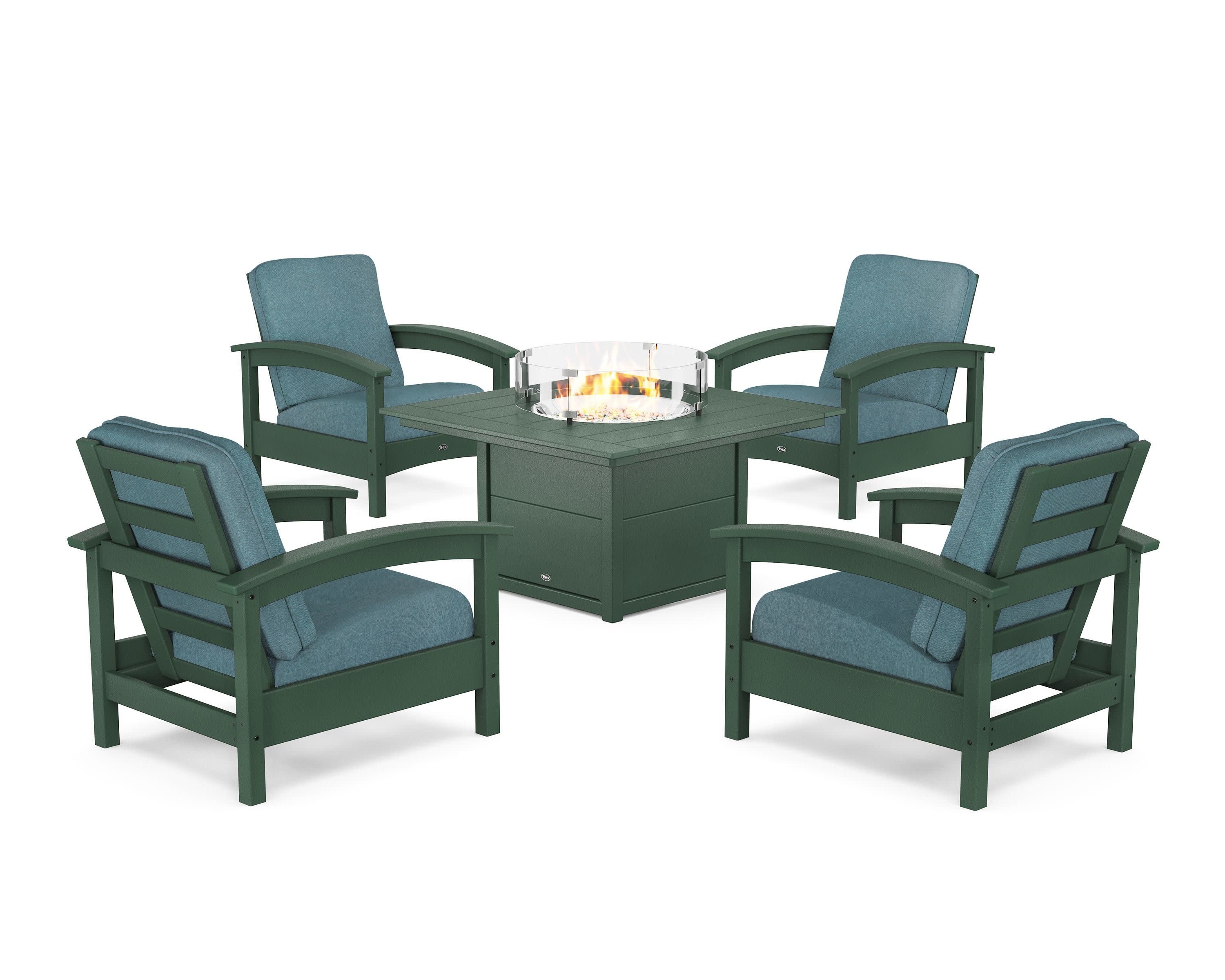 Rockport 5-Piece Deep Seating Set with Square Fire Pit Table in Rainforest Canopy / Ocean Teal
