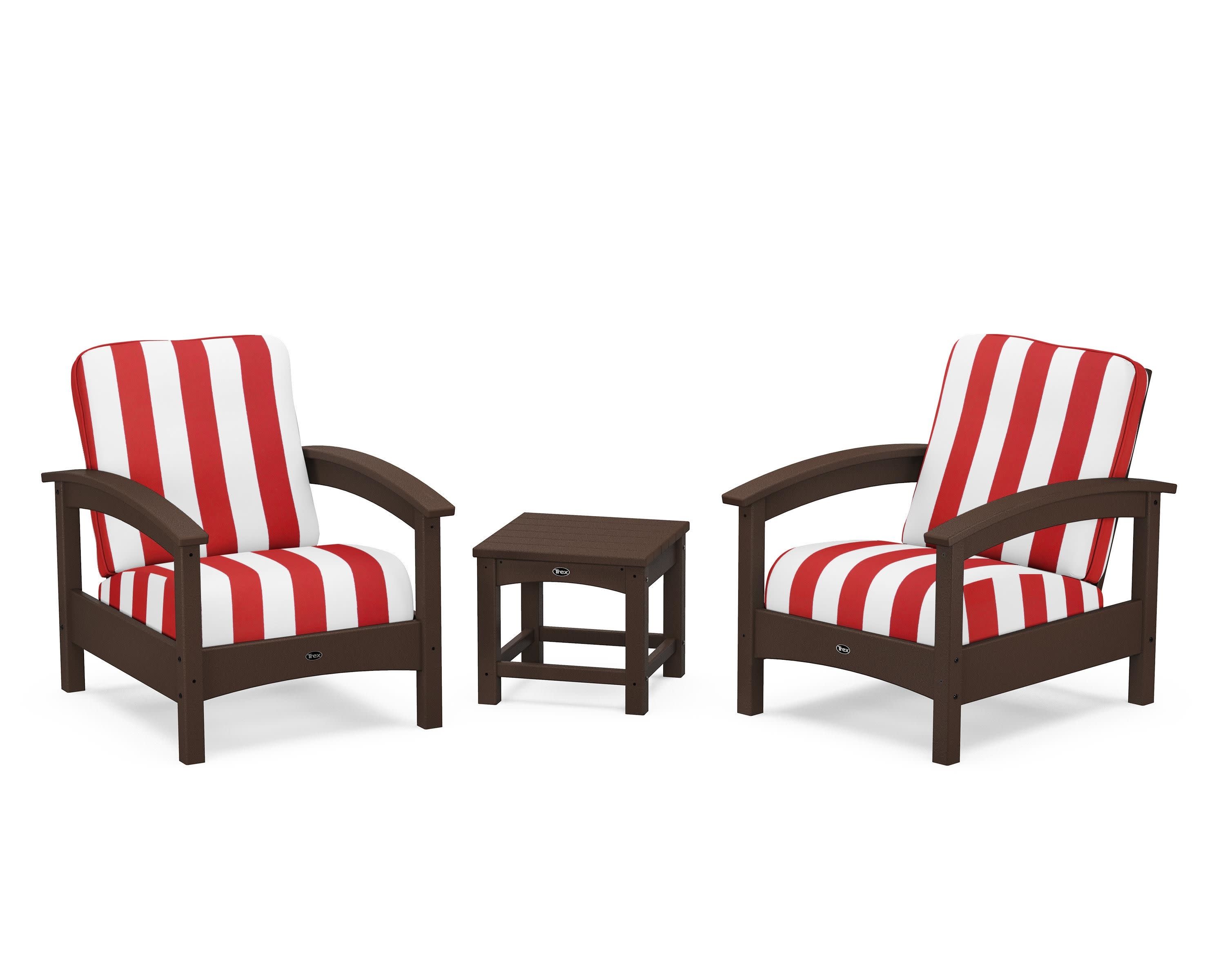 Rockport Club 3-Piece Deep Seating Conversation Set in Vintage Lantern / Cabana Stripe Crimson