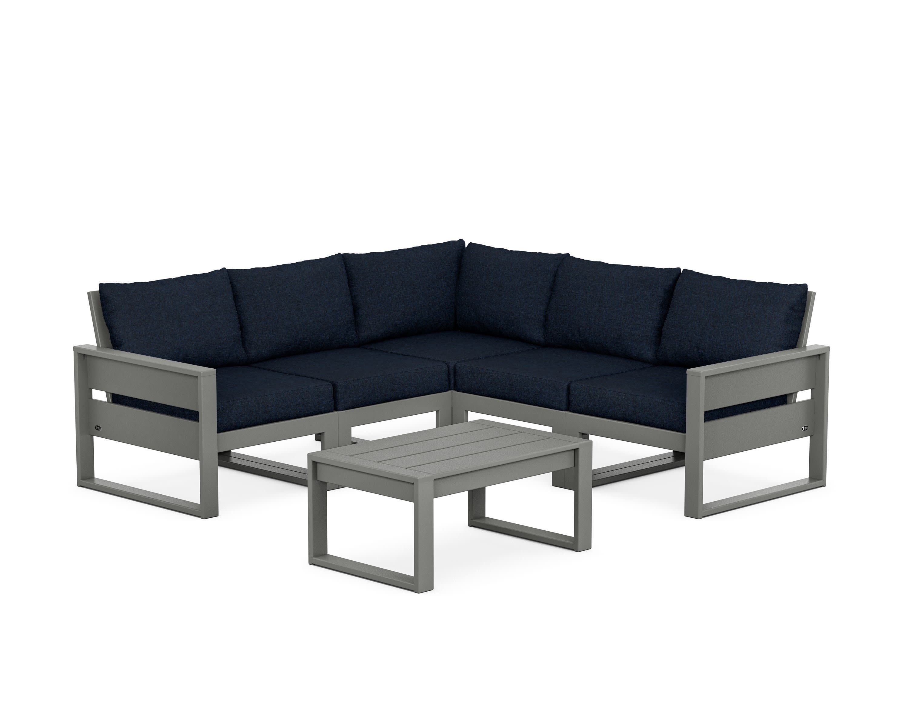 Eastport 6-Piece Deep Seating Sectional + Coffee Table Set in Stepping Stone / Marine Indigo
