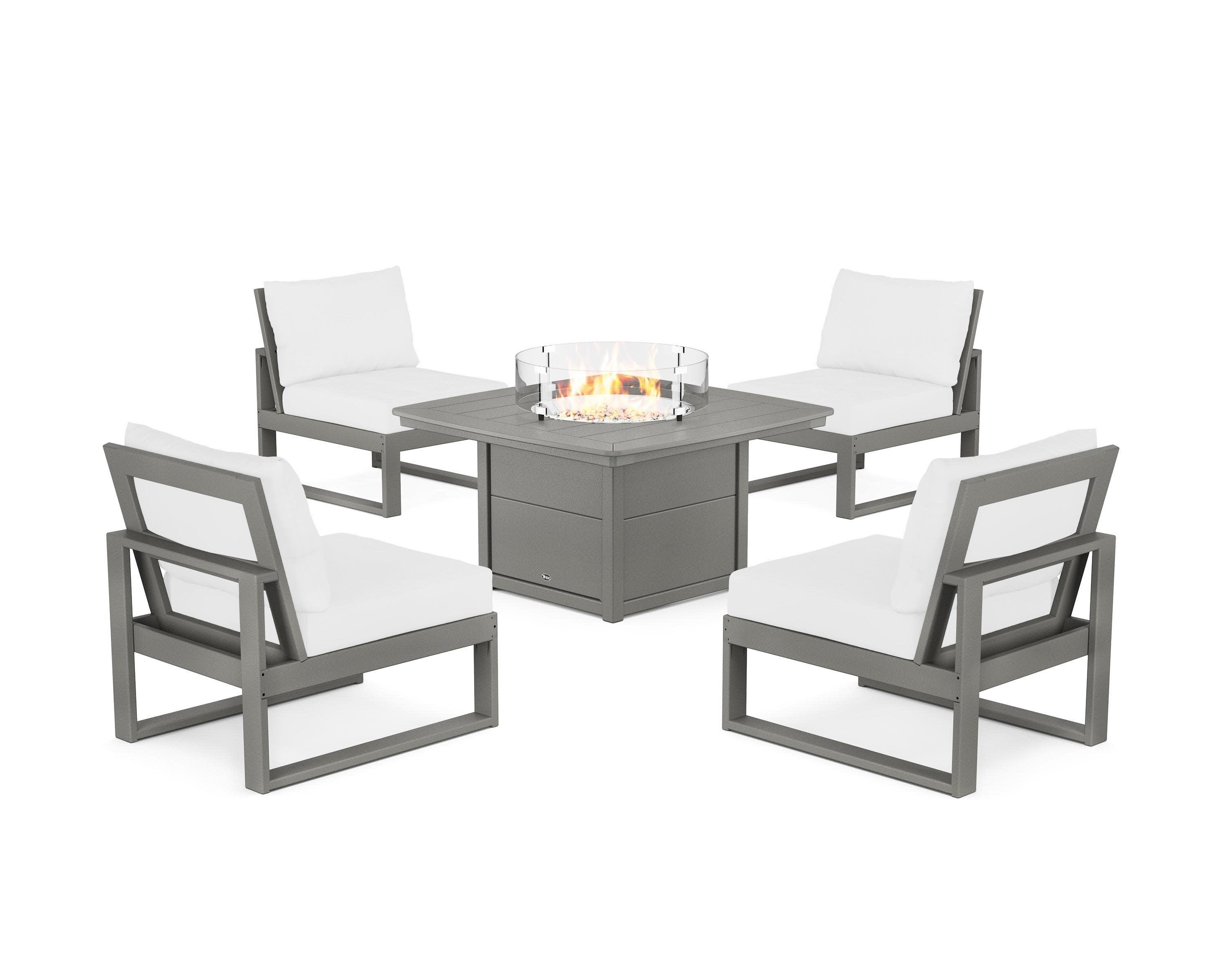 Eastport Modular 5-Piece Deep Seating Set with Yacht Club Fire Pit Table in Stepping Stone / Natural