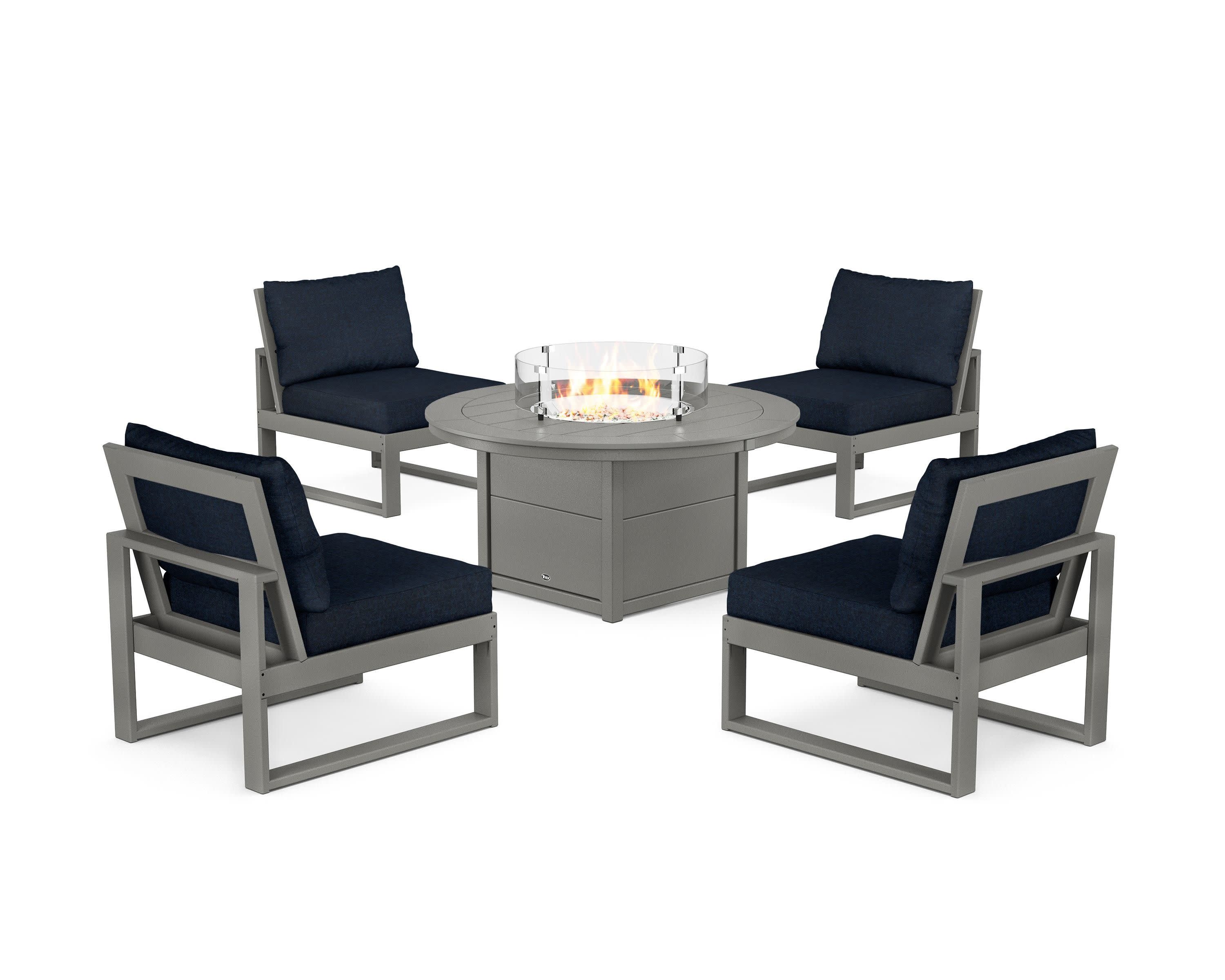 Eastport Modular 5-Piece Deep Seating Set with Round Fire Pit Table in Stepping Stone / Marine Indigo