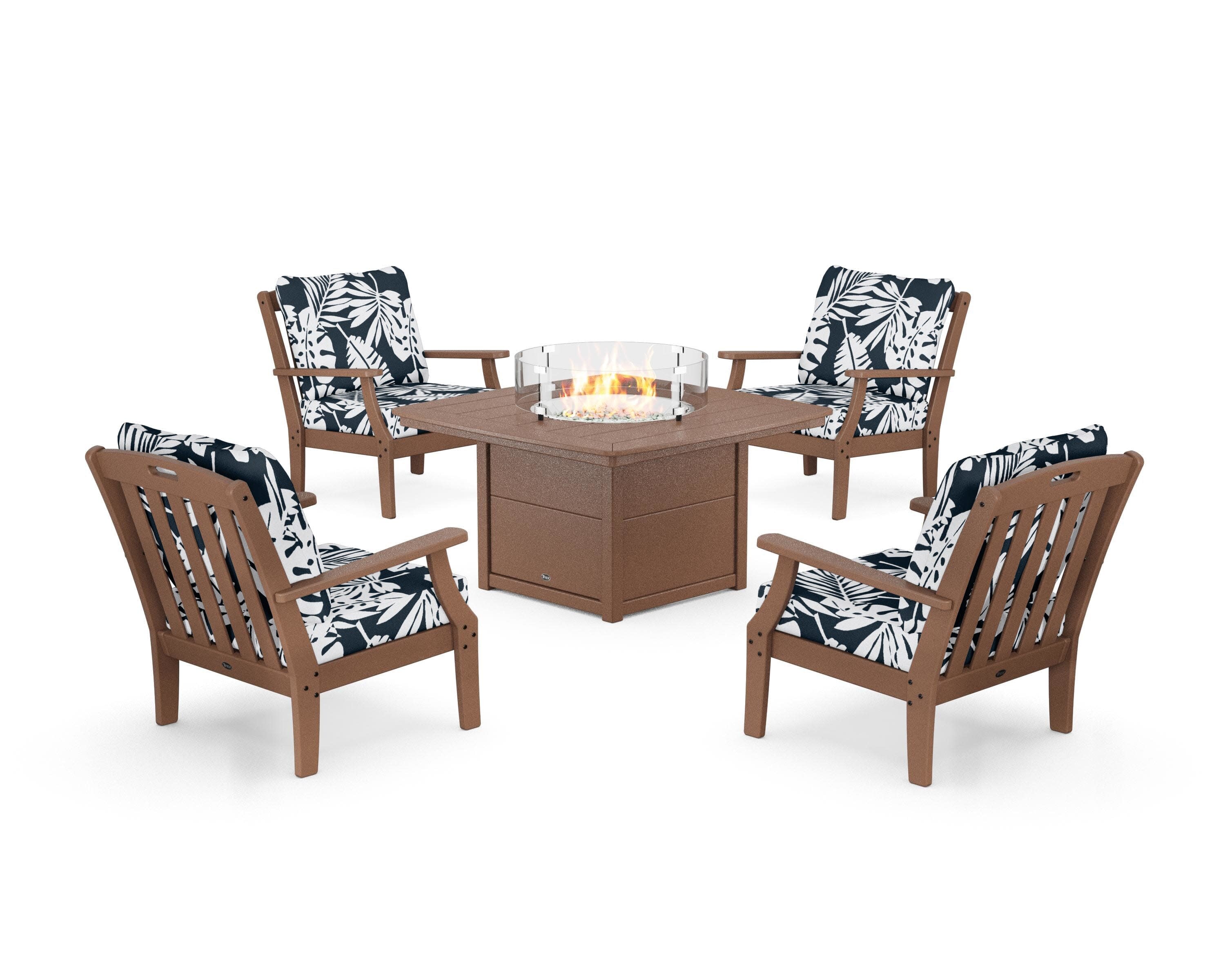 Yacht Club 5-Piece Deep Seating Set with Fire Pit Table in Tree House / Leaf Marine Indigo