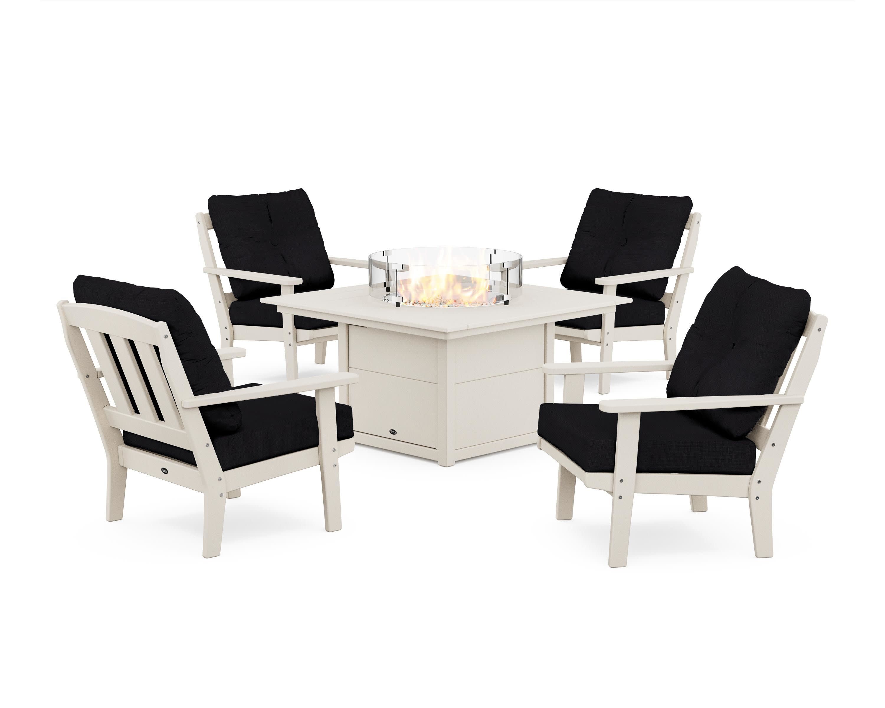 Cape Cod 5-Piece Deep Seating Set with Fire Pit Table in Sand Castle / Midnight Linen