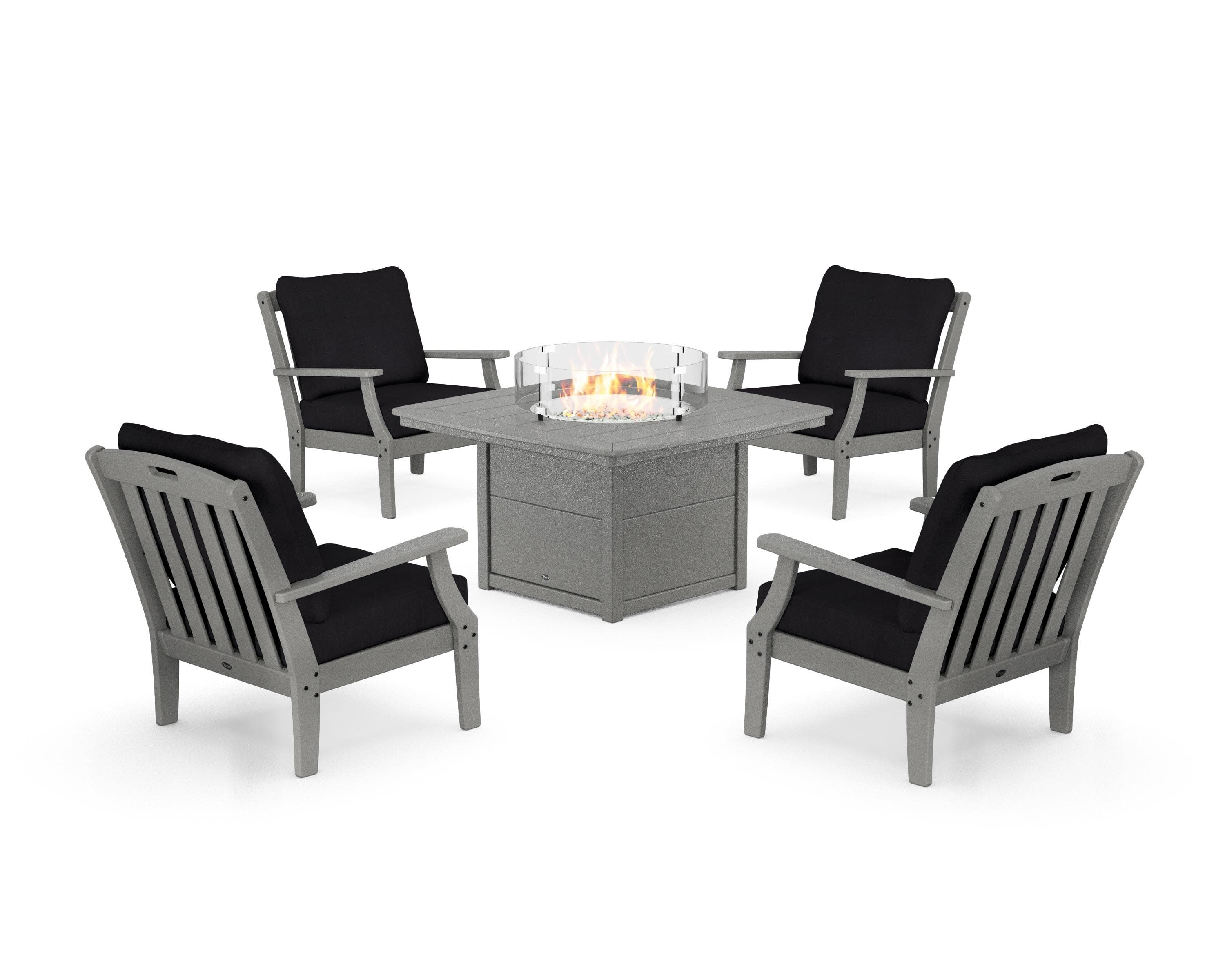 Yacht Club 5-Piece Deep Seating Set with Fire Pit Table in Stepping Stone / Midnight Linen