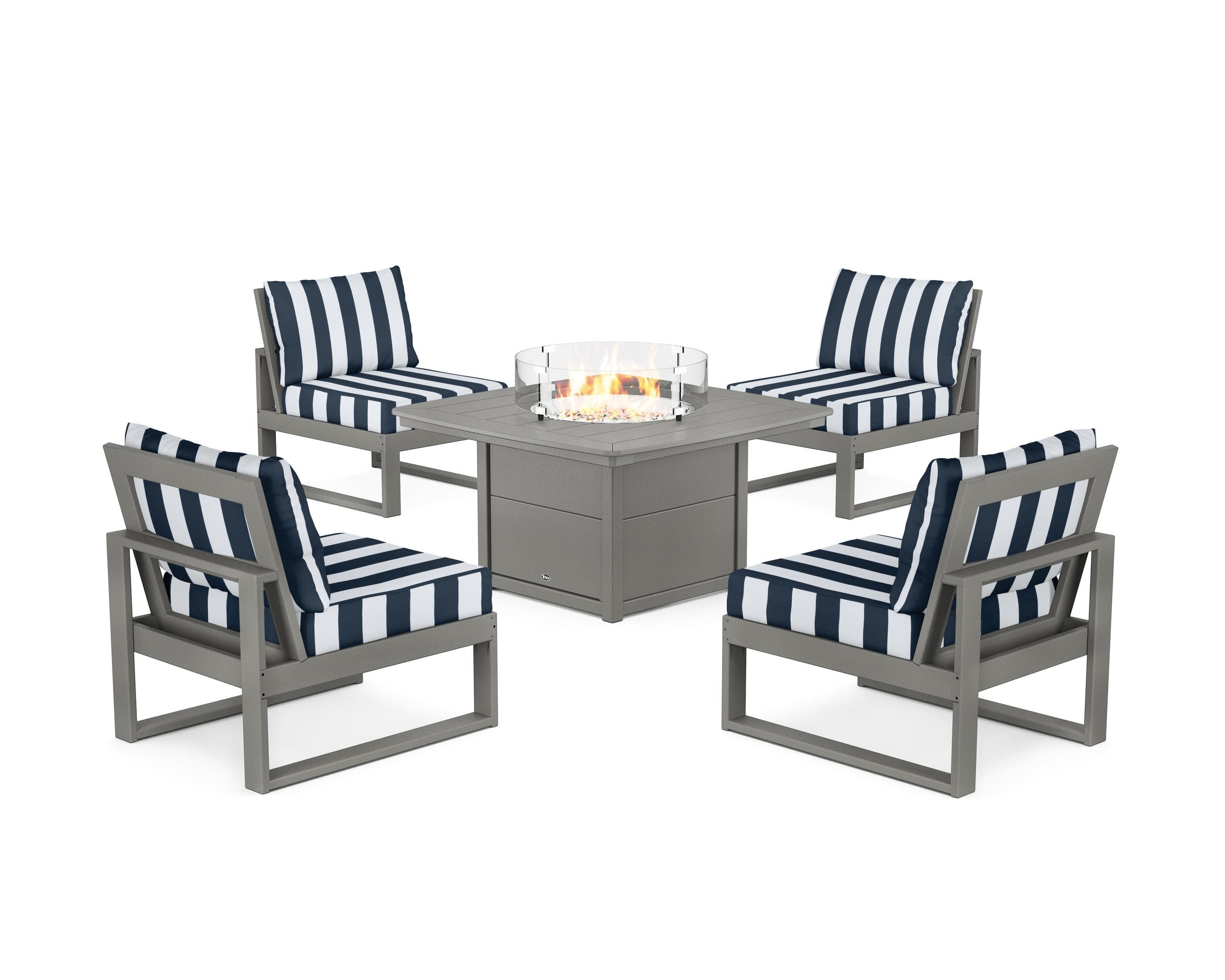 Eastport Modular 5-Piece Deep Seating Set with Yacht Club Fire Pit Table in Stepping Stone / Cabana Stripe Marine Indigo