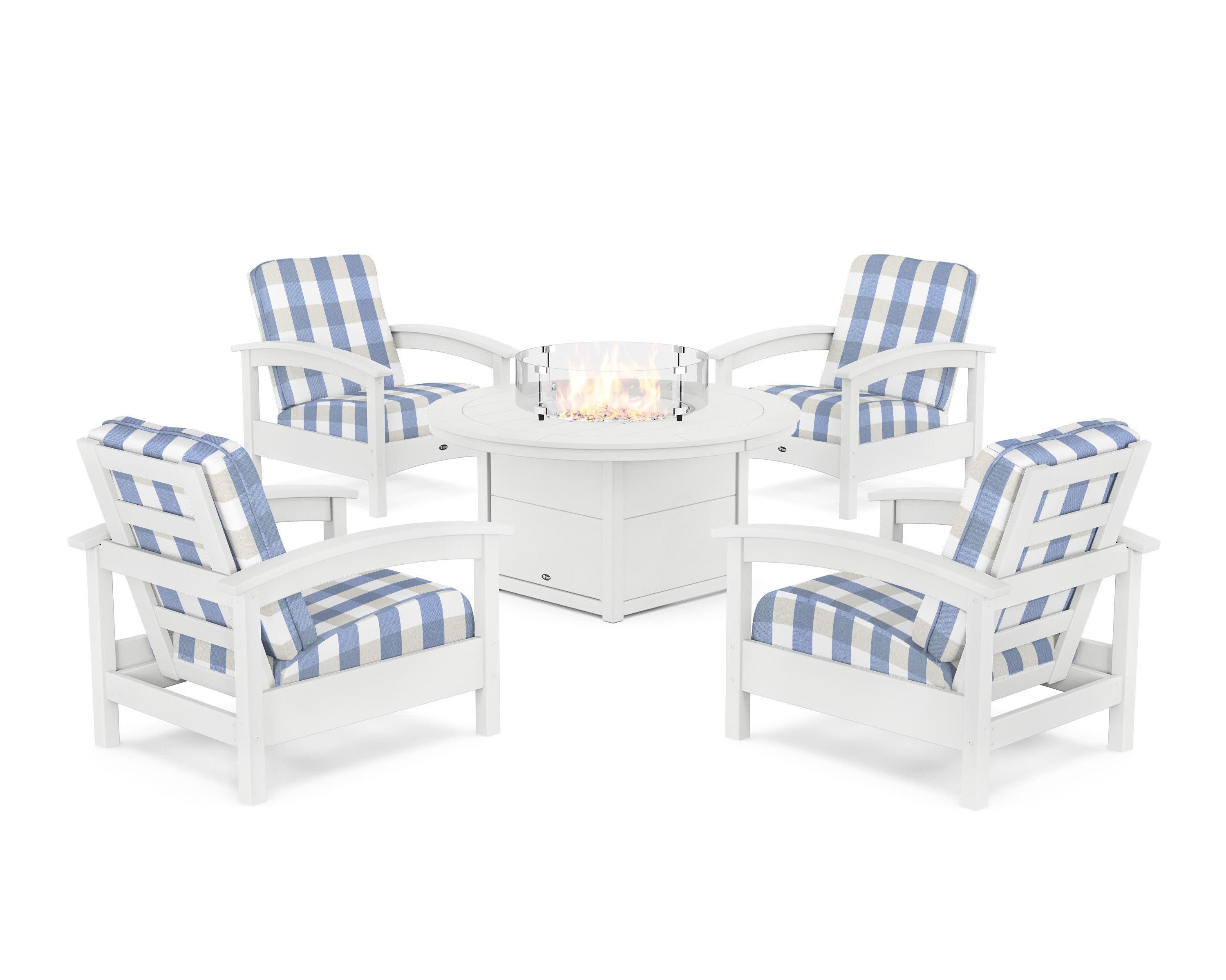 Rockport 5-Piece Deep Seating Set with Round Fire Pit Table in Classic White / Buffalo Plaid Sky Blue