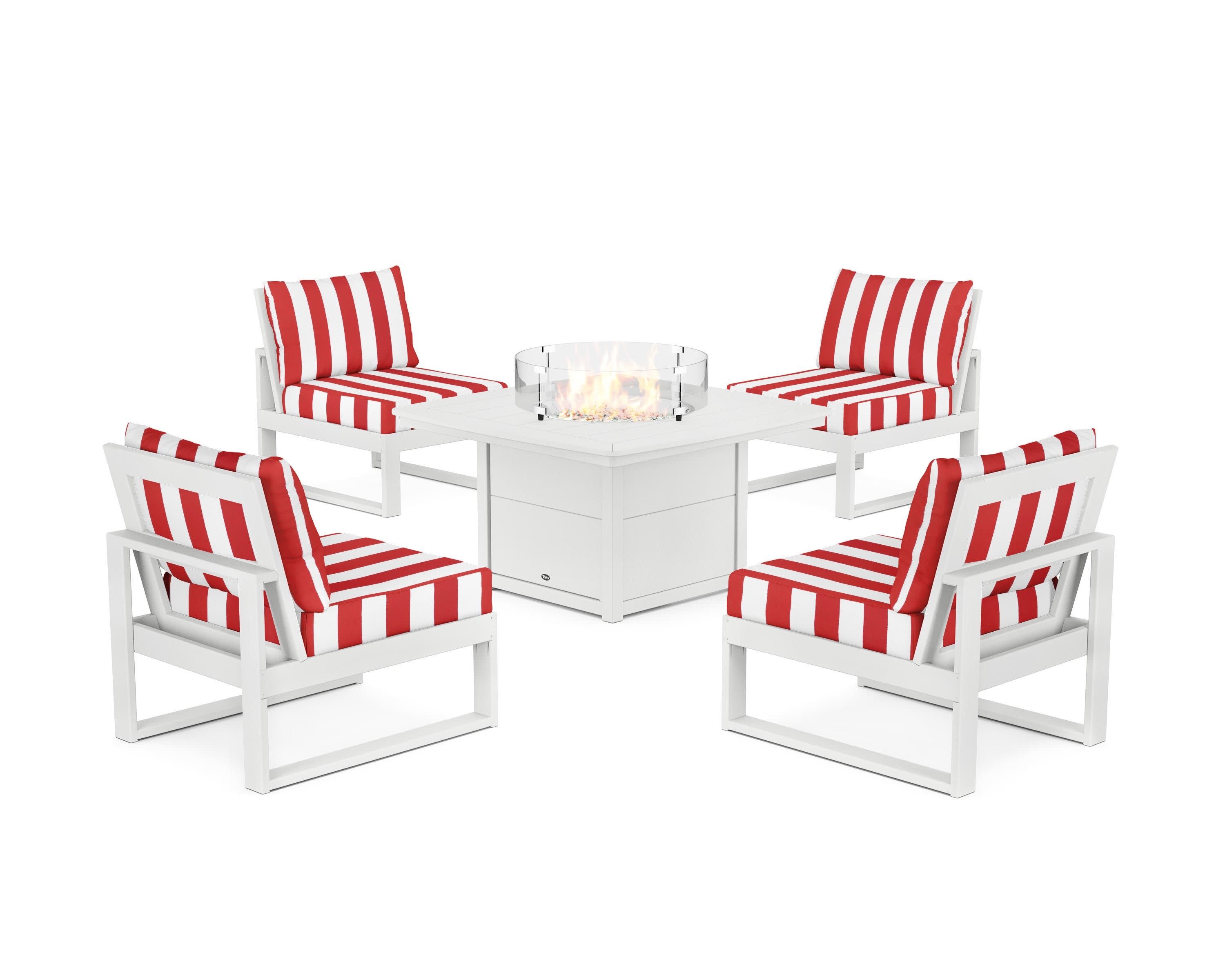 Eastport Modular 5-Piece Deep Seating Set with Yacht Club Fire Pit Table in Classic White / Cabana Stripe Crimson