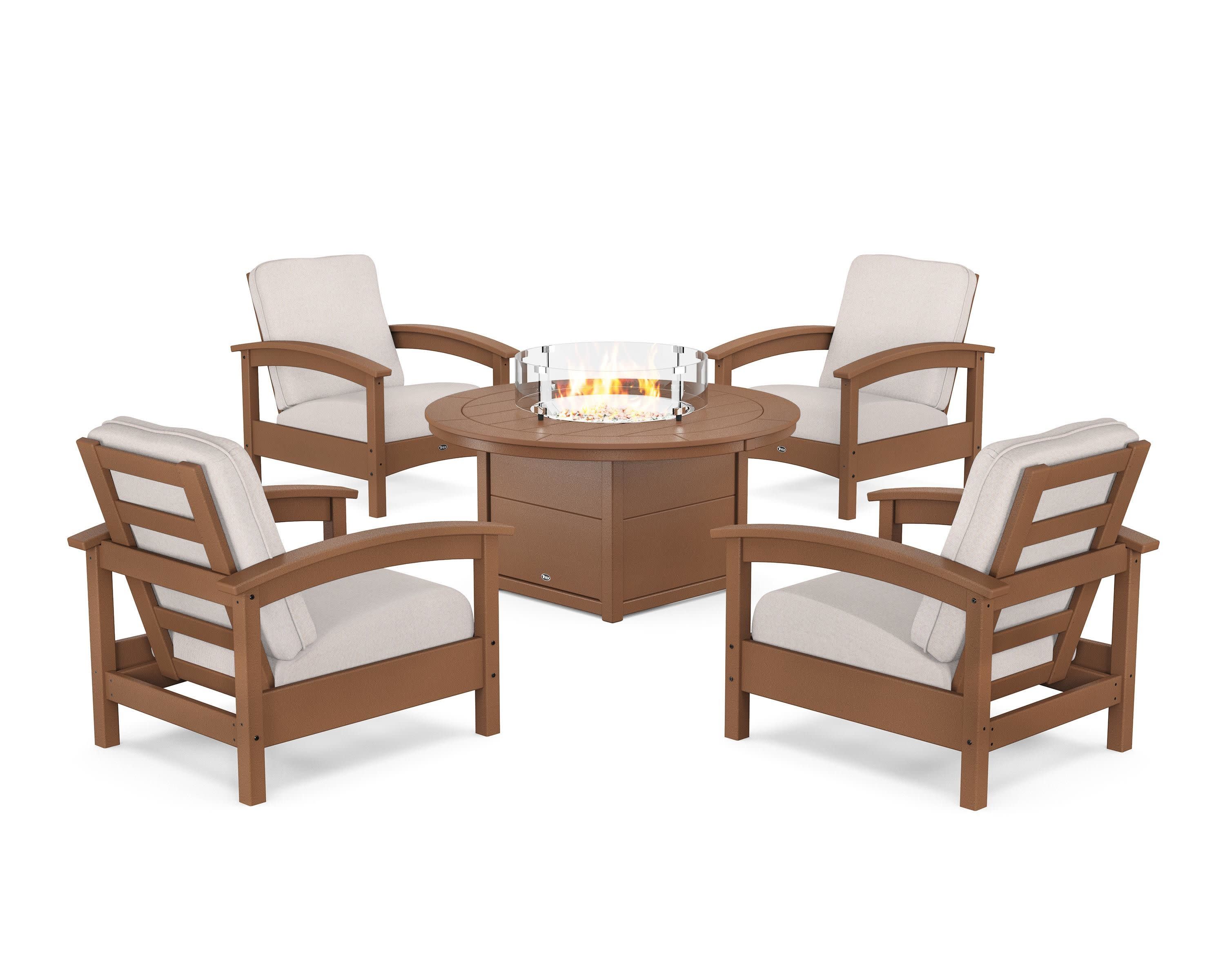 Rockport 5-Piece Deep Seating Set with Round Fire Pit Table in Tree House / Dune Burlap