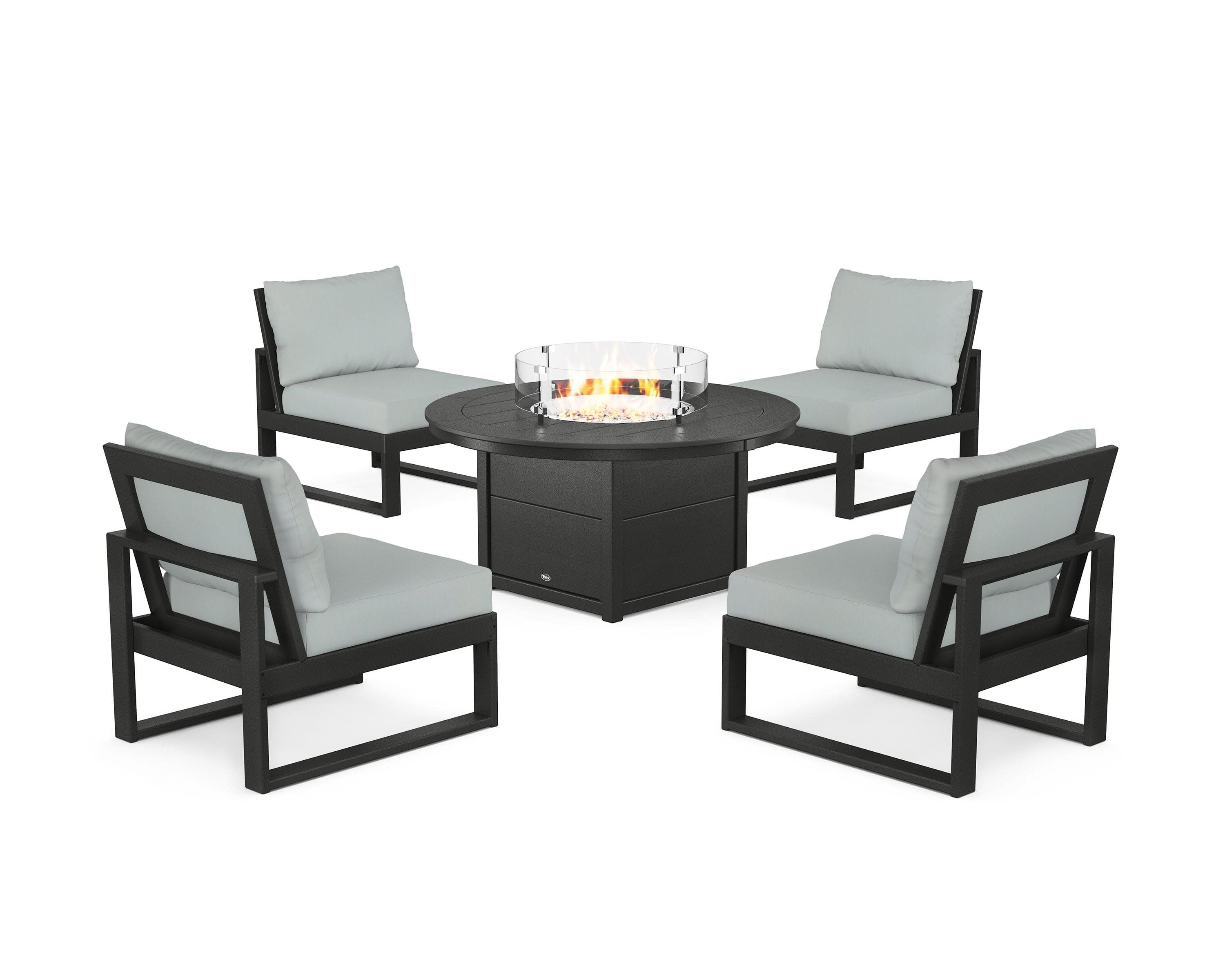 Eastport Modular 5-Piece Deep Seating Set with Round Fire Pit Table in Charcoal Black / Spa