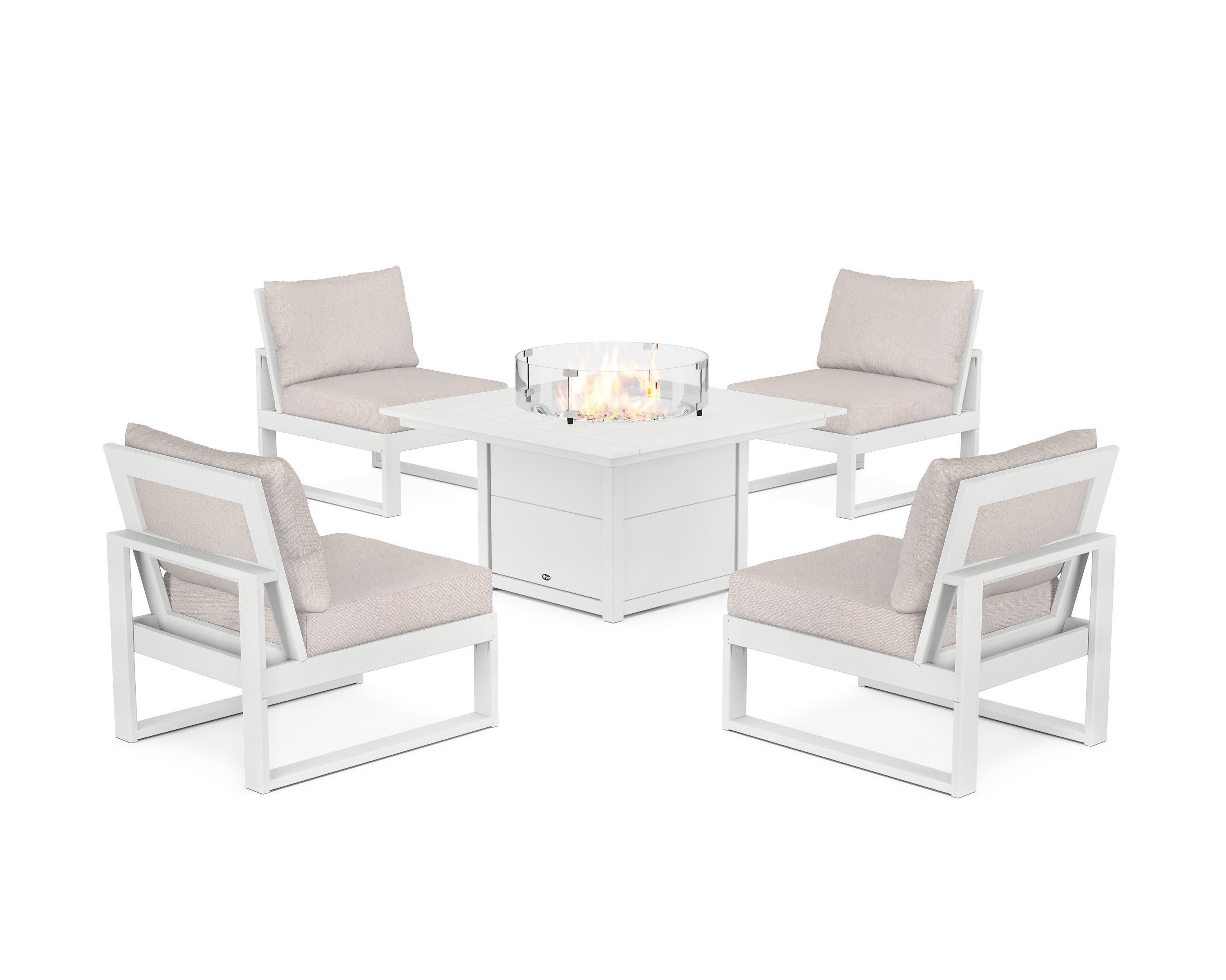 Eastport Modular 5-Piece Deep Seating Set with Square Fire Pit Table in Classic White / Dune Burlap