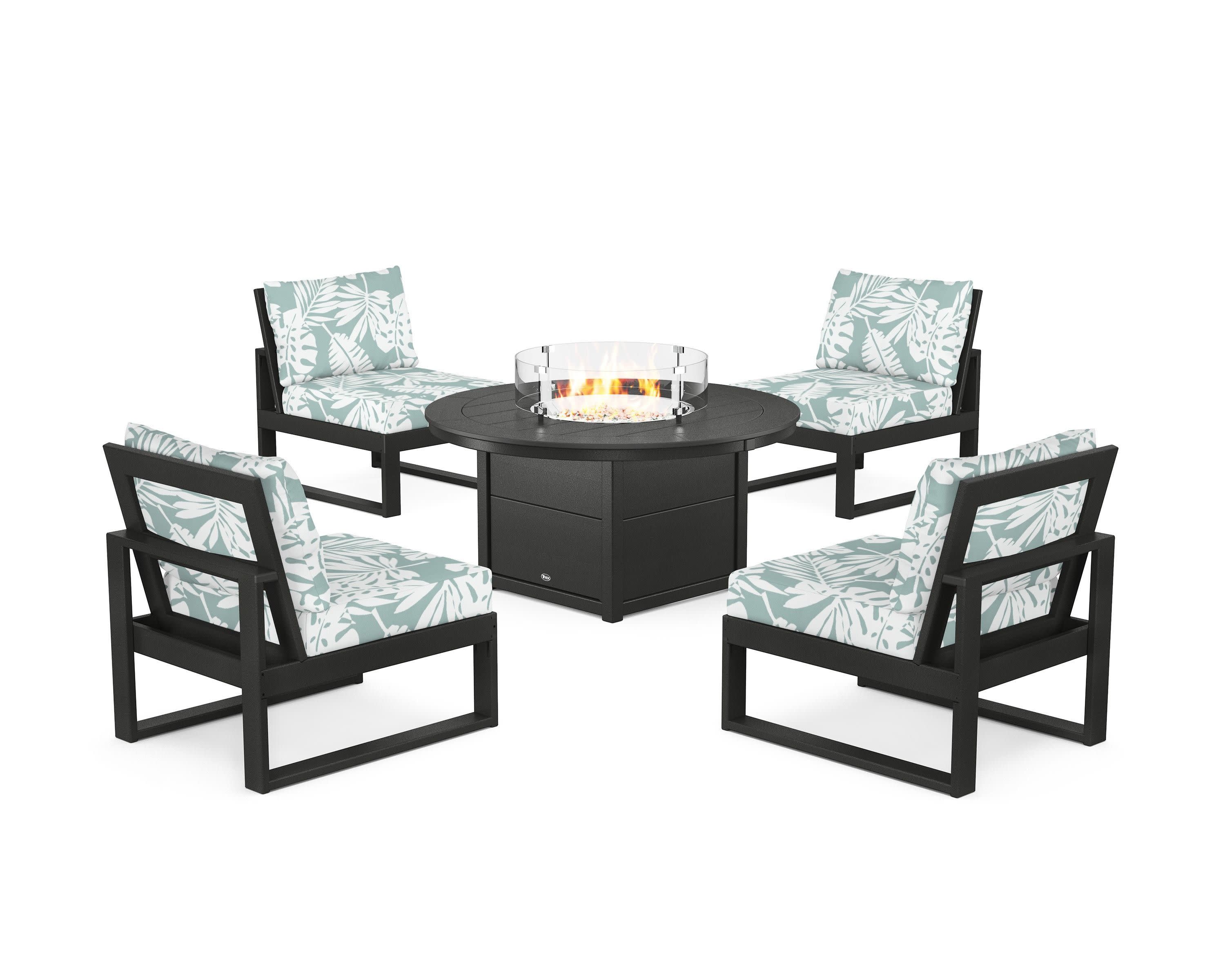 Eastport Modular 5-Piece Deep Seating Set with Round Fire Pit Table in Charcoal Black / Leaf Glacier Spa