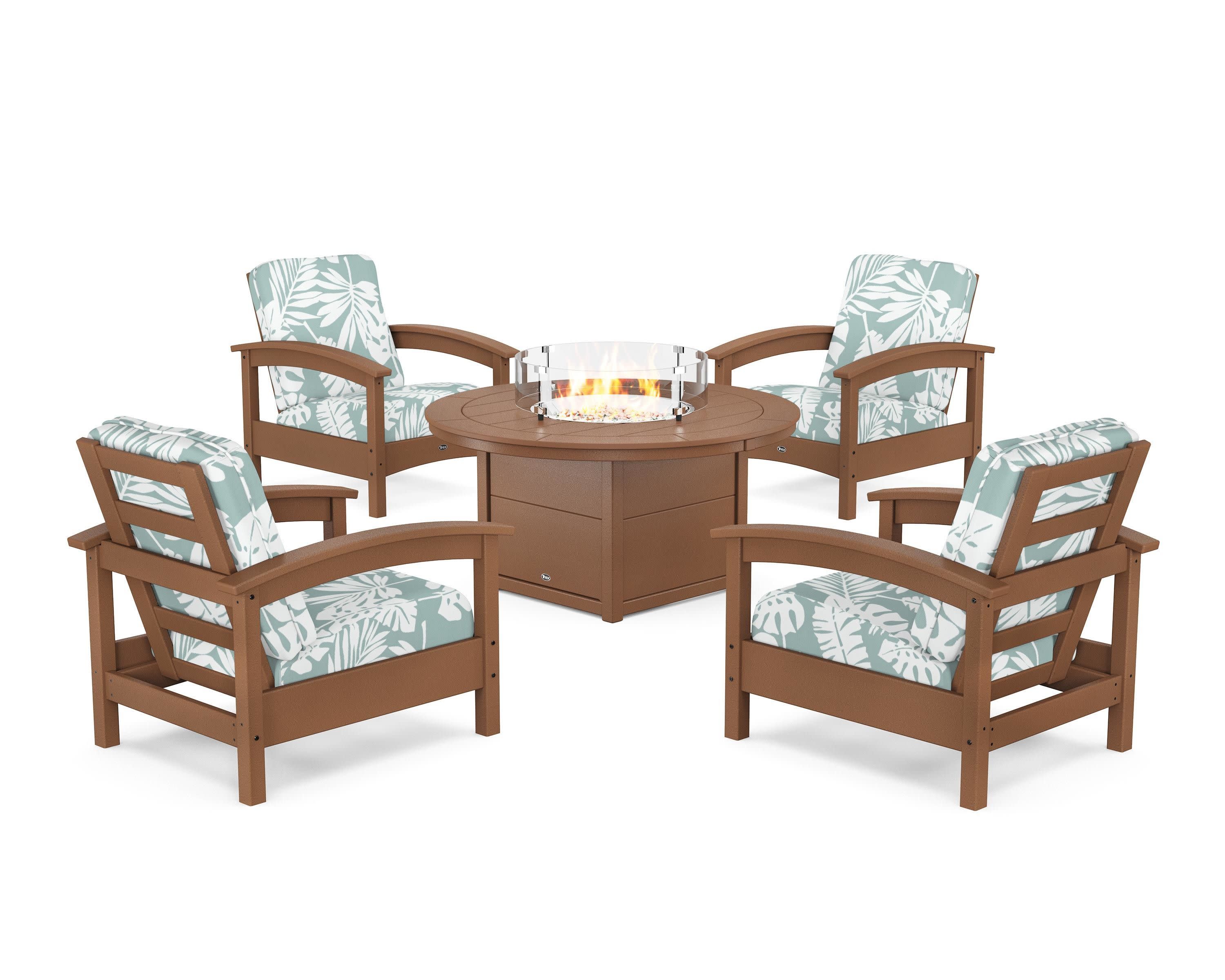 Rockport 5-Piece Deep Seating Set with Round Fire Pit Table in Tree House / Leaf Glacier Spa