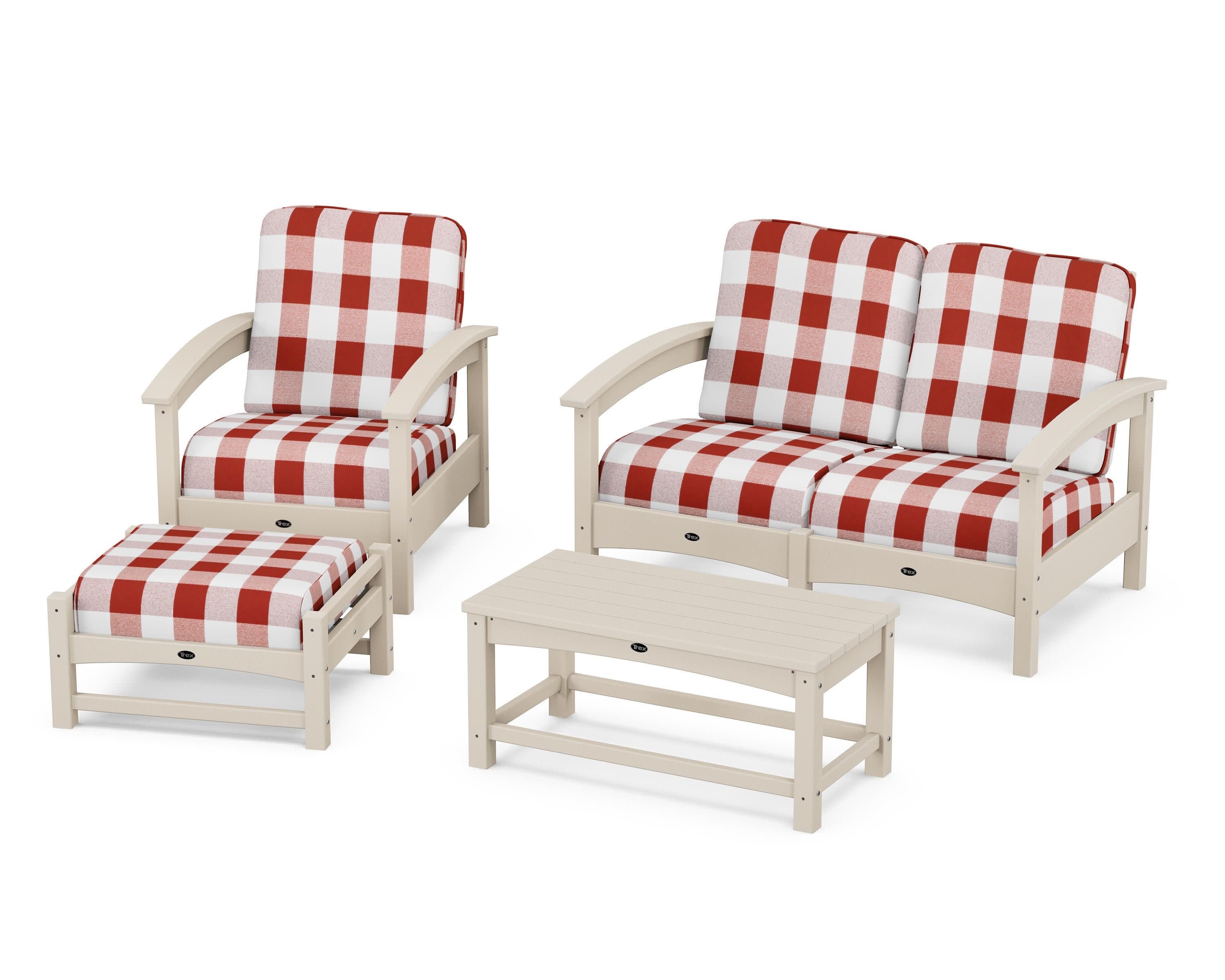 Rockport 4-Piece Deep Seating Conversation Group in Sand Castle / Buffalo Plaid Crimson