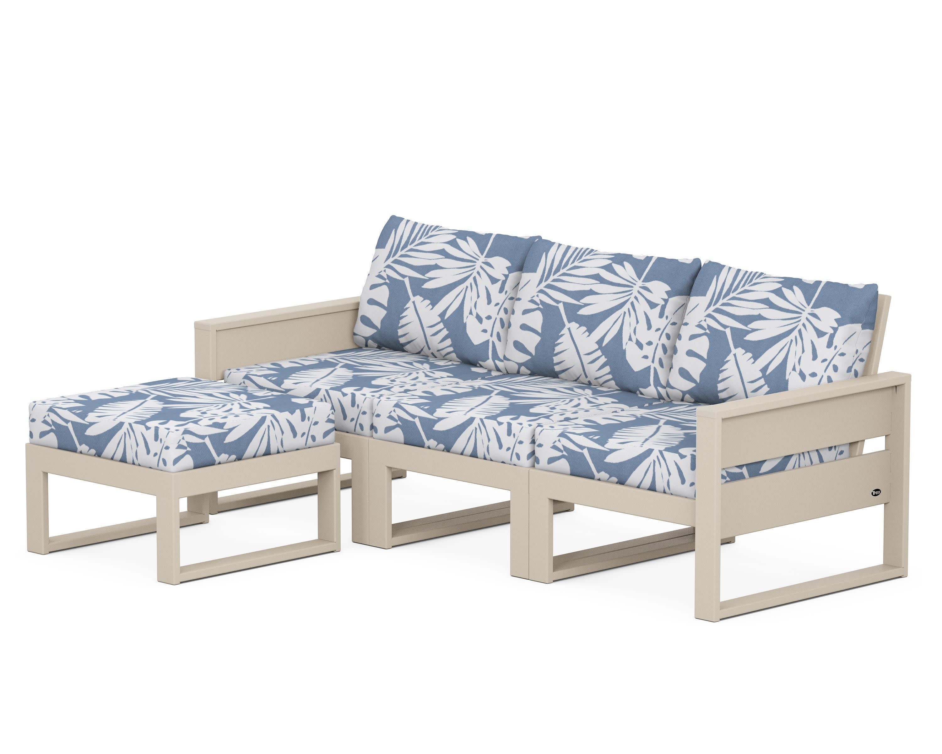 Eastport 4- Piece Sectional with Ottoman in Sand Castle / Leaf Sky Blue