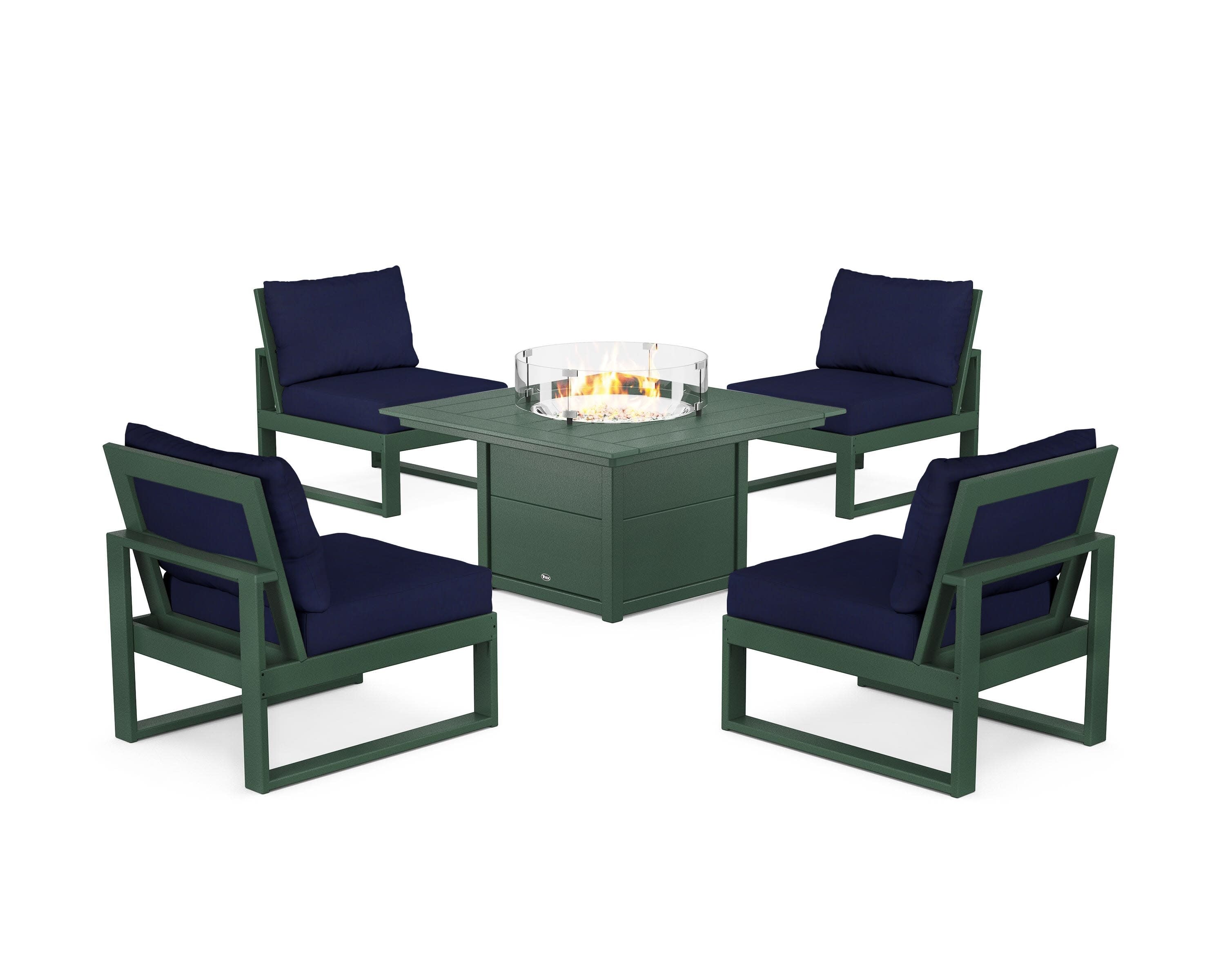Eastport Modular 5-Piece Deep Seating Set with Square Fire Pit Table in Rainforest Canopy / Navy