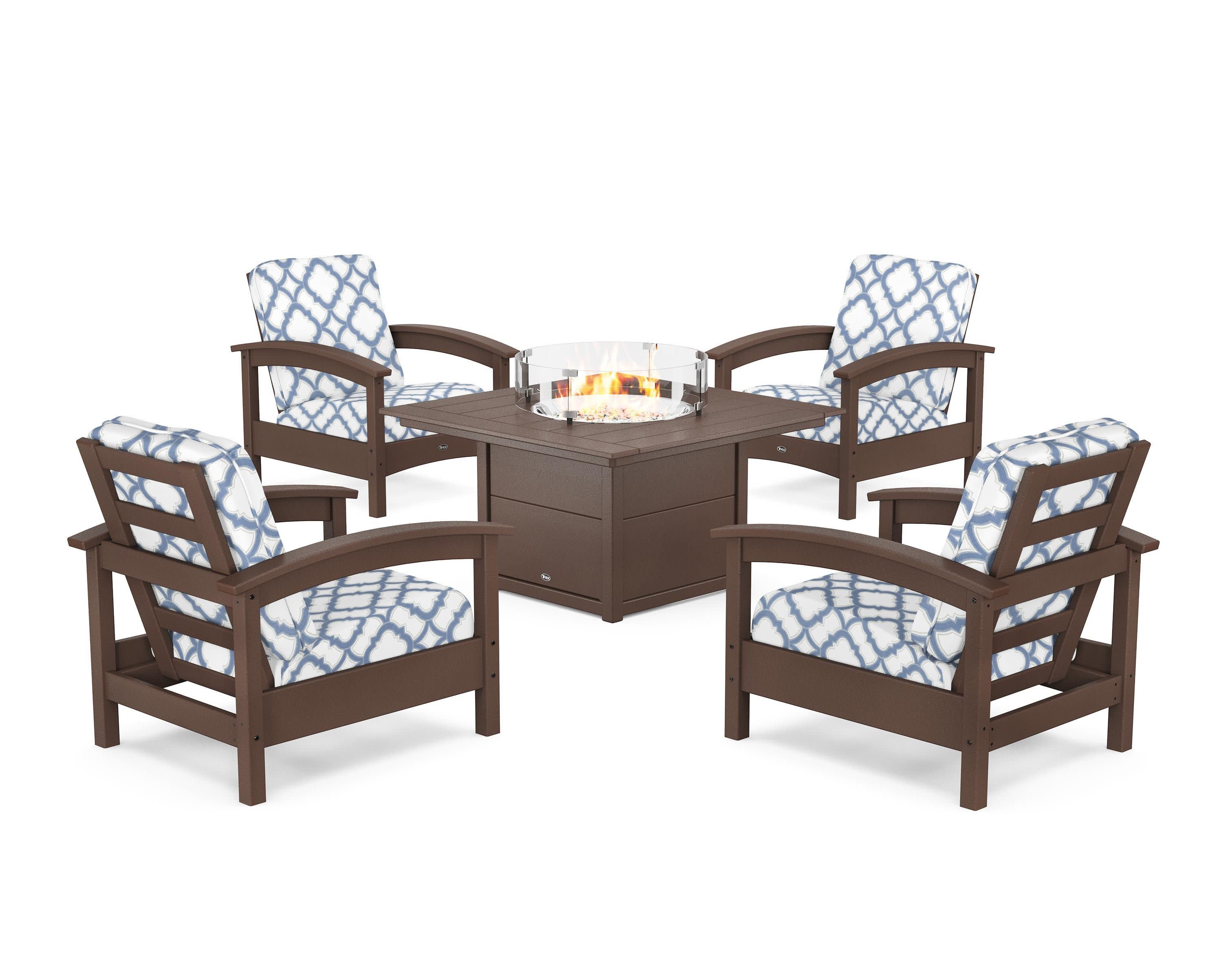 Rockport 5-Piece Deep Seating Set with Square Fire Pit Table in Vintage Lantern / Trellis Sky Blue