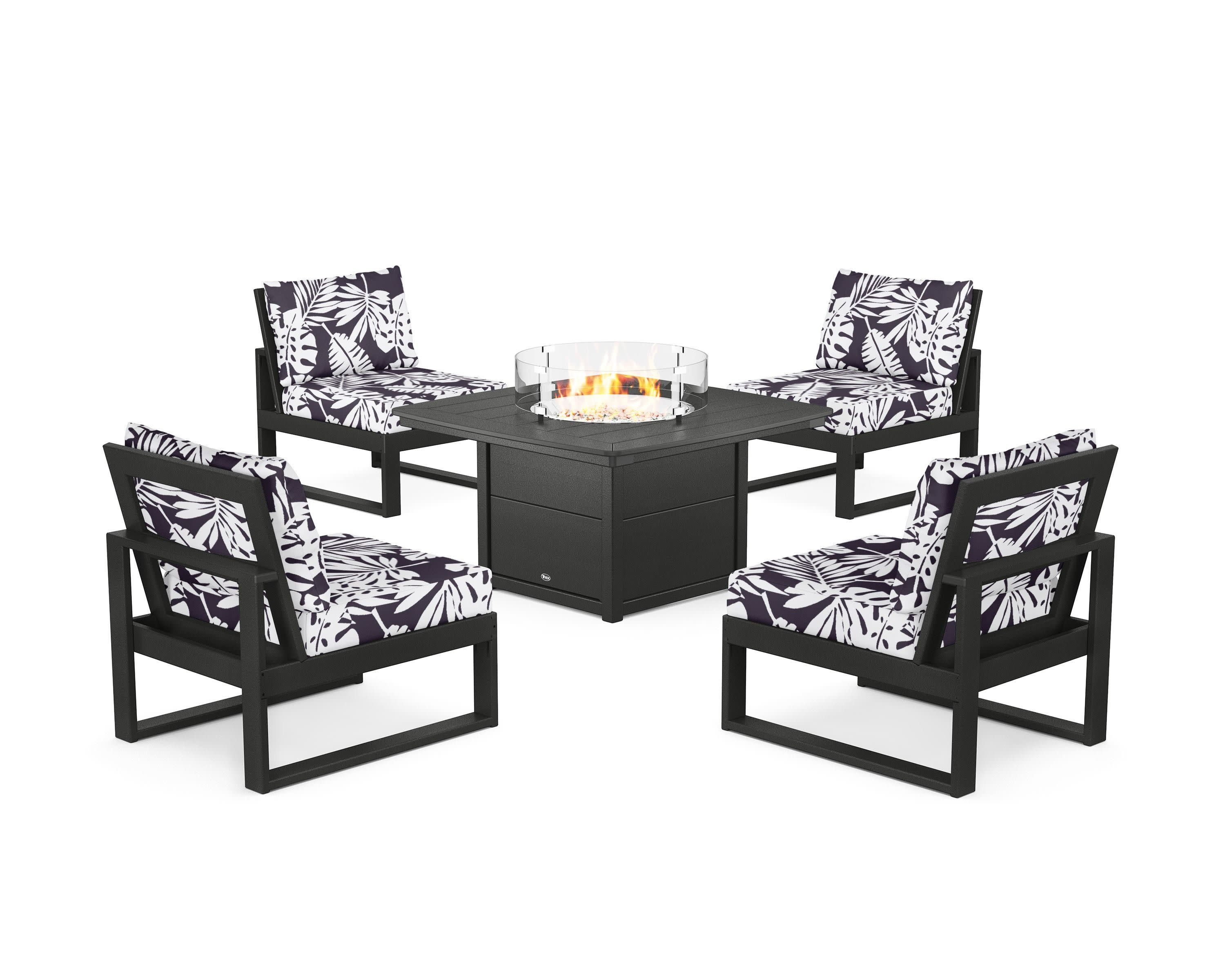 Eastport Modular 5-Piece Deep Seating Set with Yacht Club Fire Pit Table in Charcoal Black / Leaf Navy