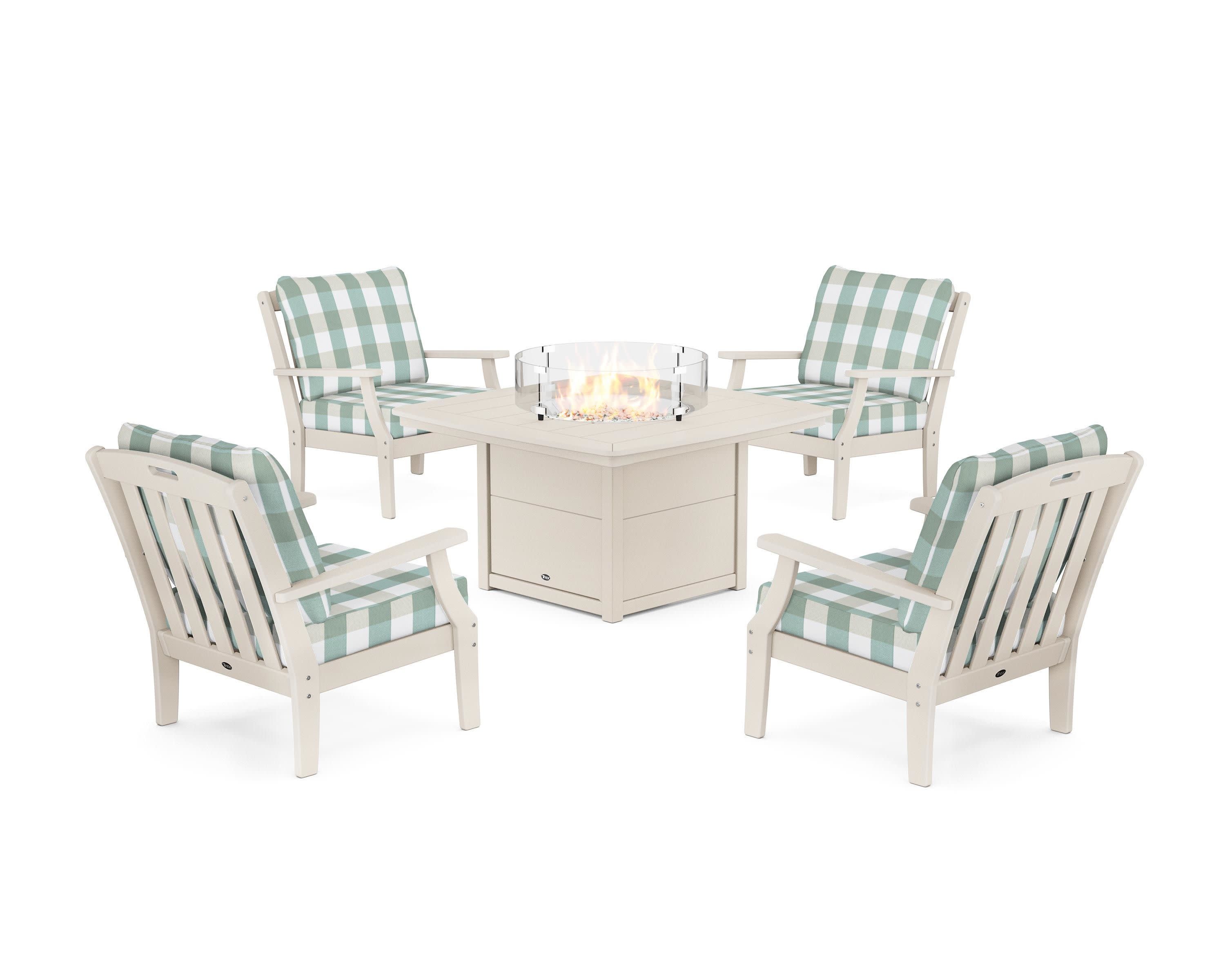 Yacht Club 5-Piece Deep Seating Set with Fire Pit Table in Sand Castle / Buffalo Plaid Glacier Spa