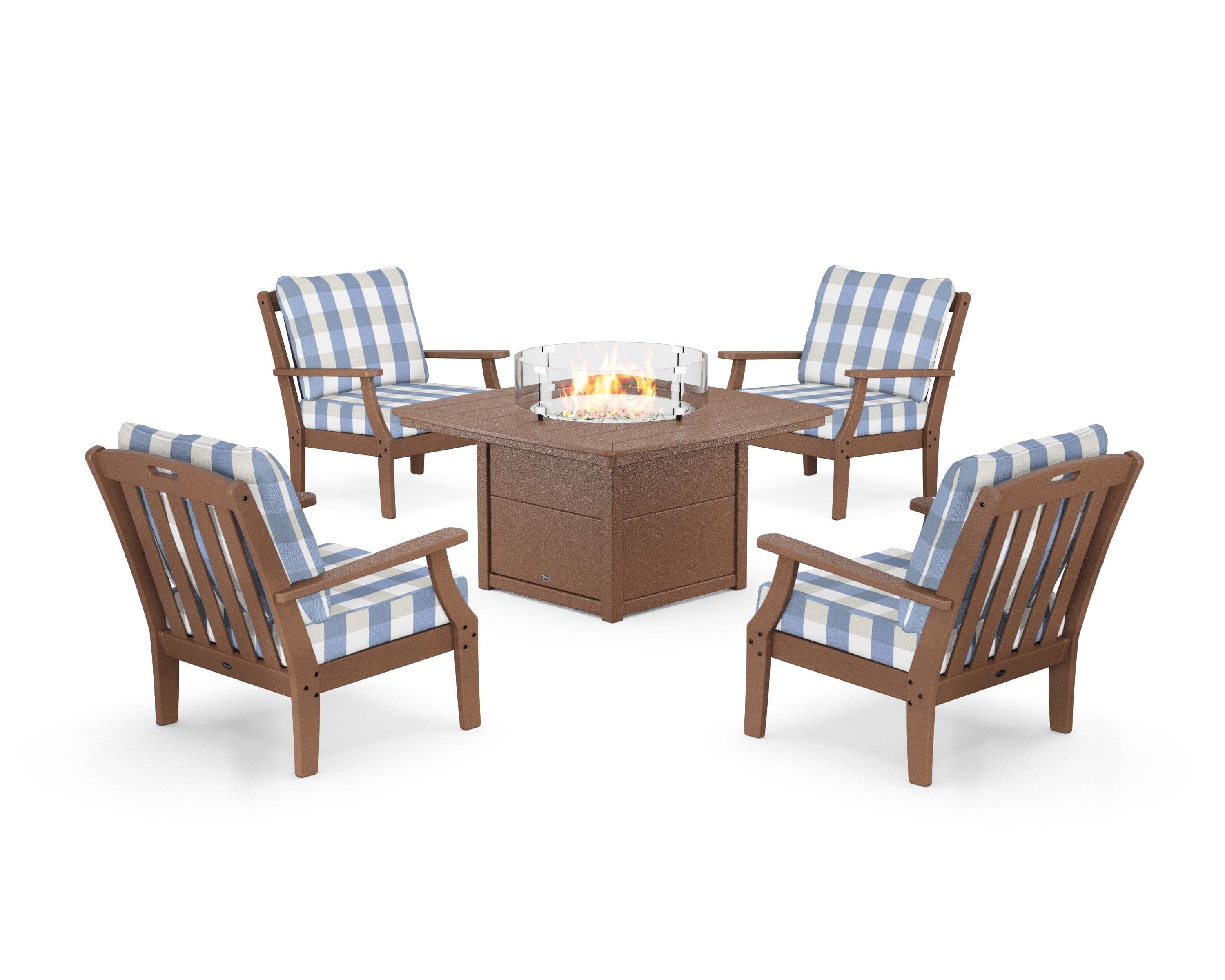 Yacht Club 5-Piece Deep Seating Set with Fire Pit Table in Tree House / Buffalo Plaid Sky Blue