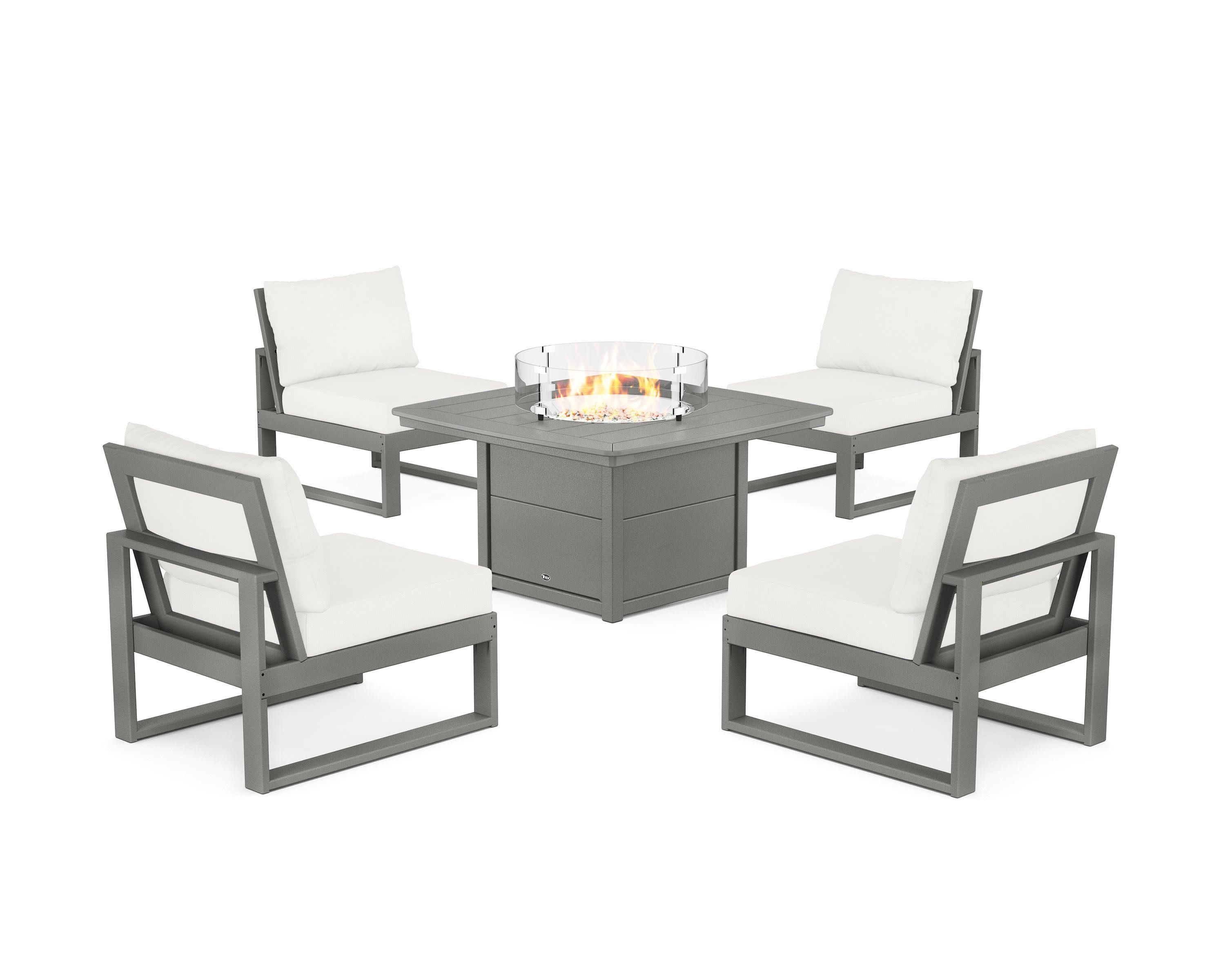 Eastport Modular 5-Piece Deep Seating Set with Yacht Club Fire Pit Table in Stepping Stone / Natural Linen
