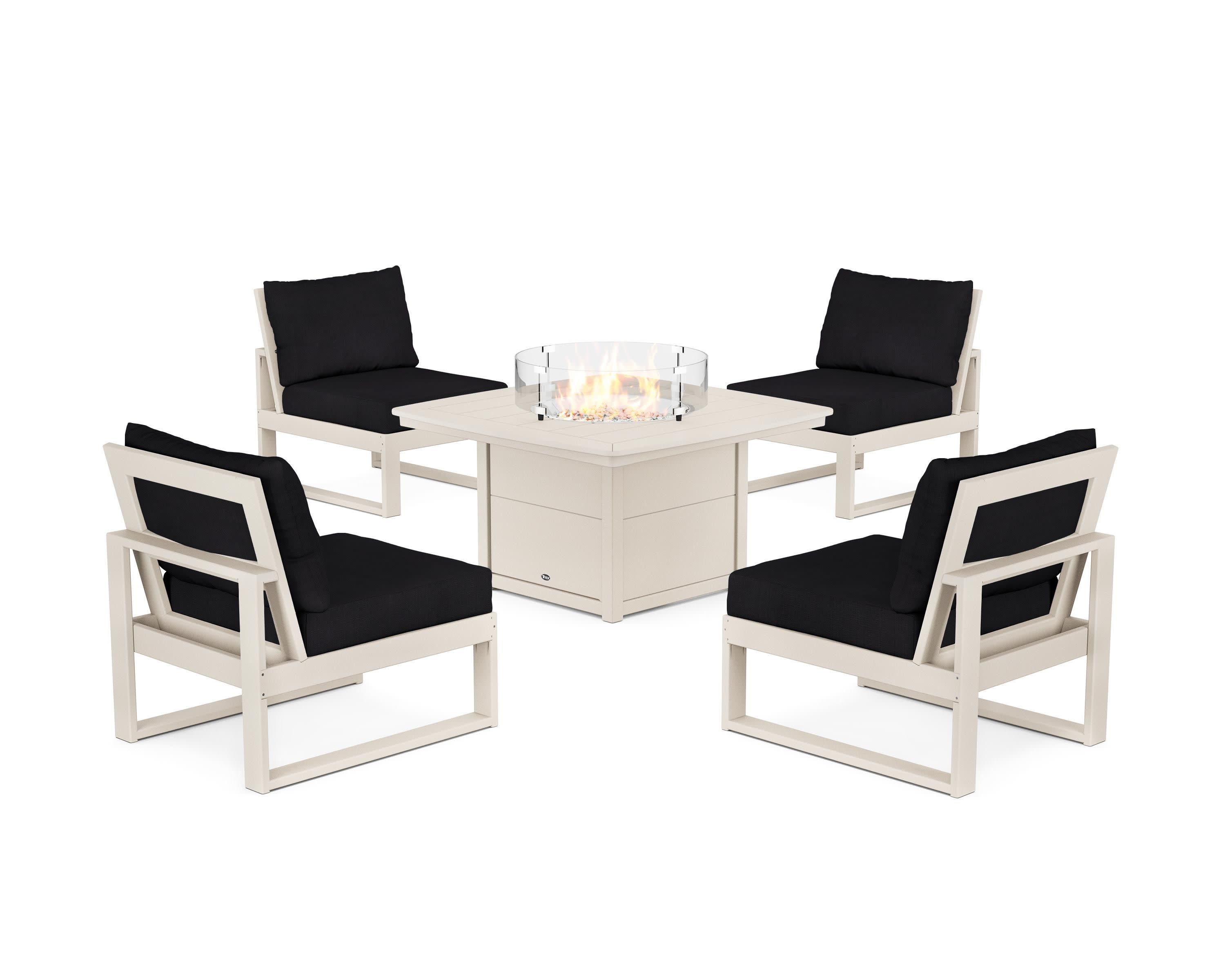 Eastport Modular 5-Piece Deep Seating Set with Yacht Club Fire Pit Table in Sand Castle / Midnight Linen