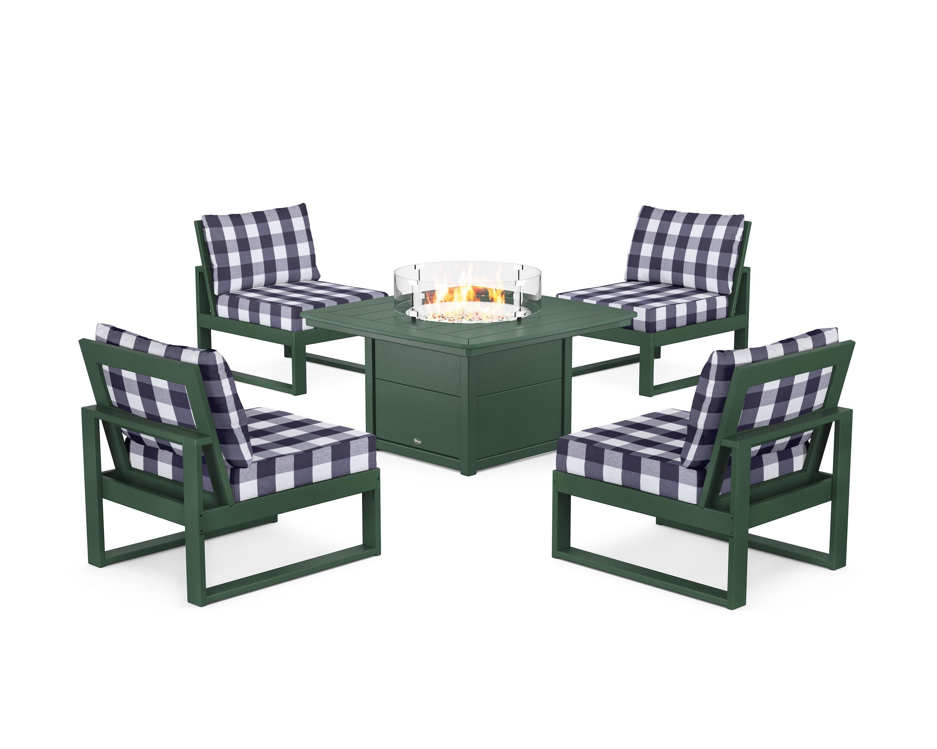 Eastport Modular 5-Piece Deep Seating Set with Yacht Club Fire Pit Table in Rainforest Canopy / Buffalo Plaid Navy