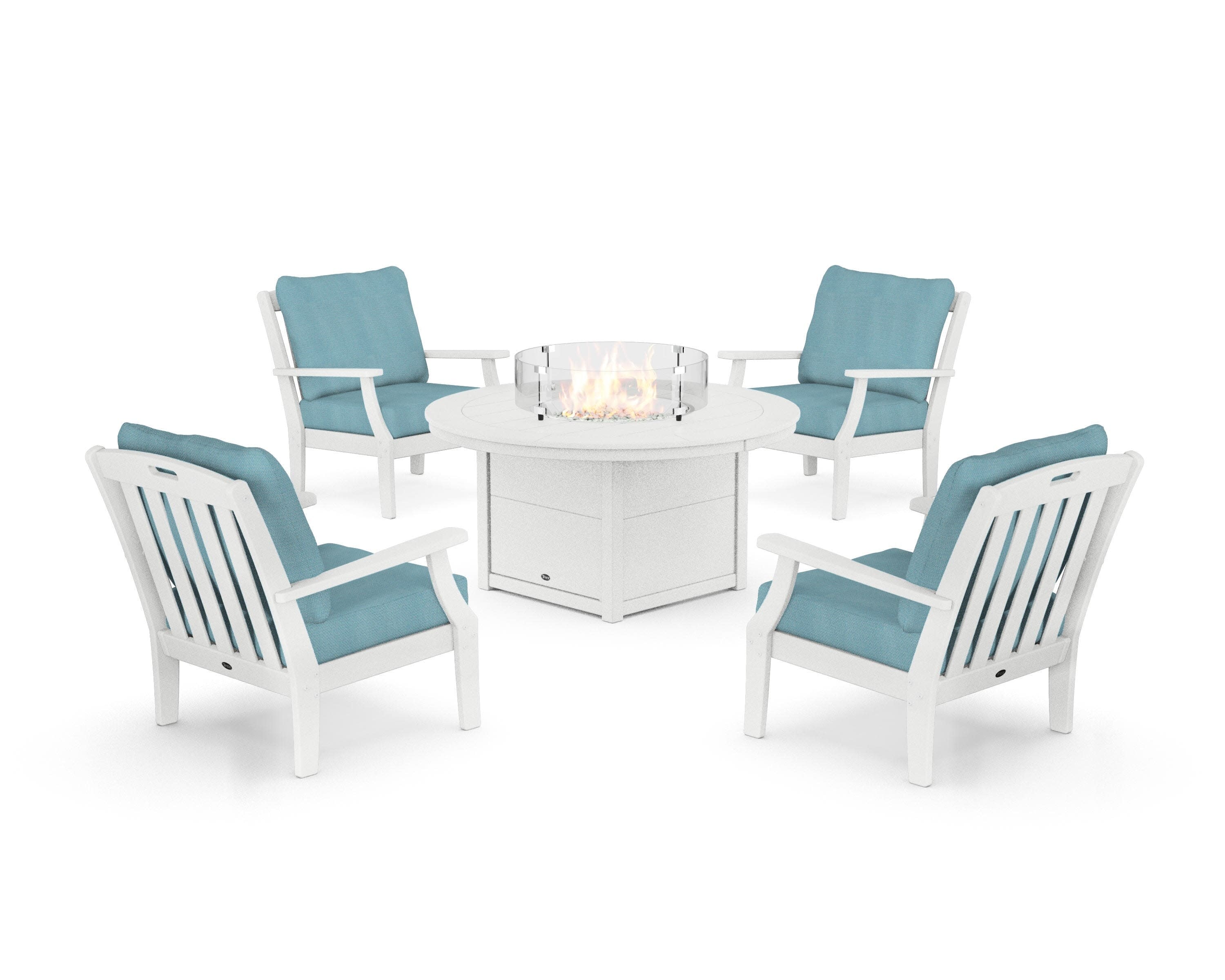Yacht Club 5-Piece Deep Seating Set with Round Fire Pit Table in Classic White / Lattice Sky Blue