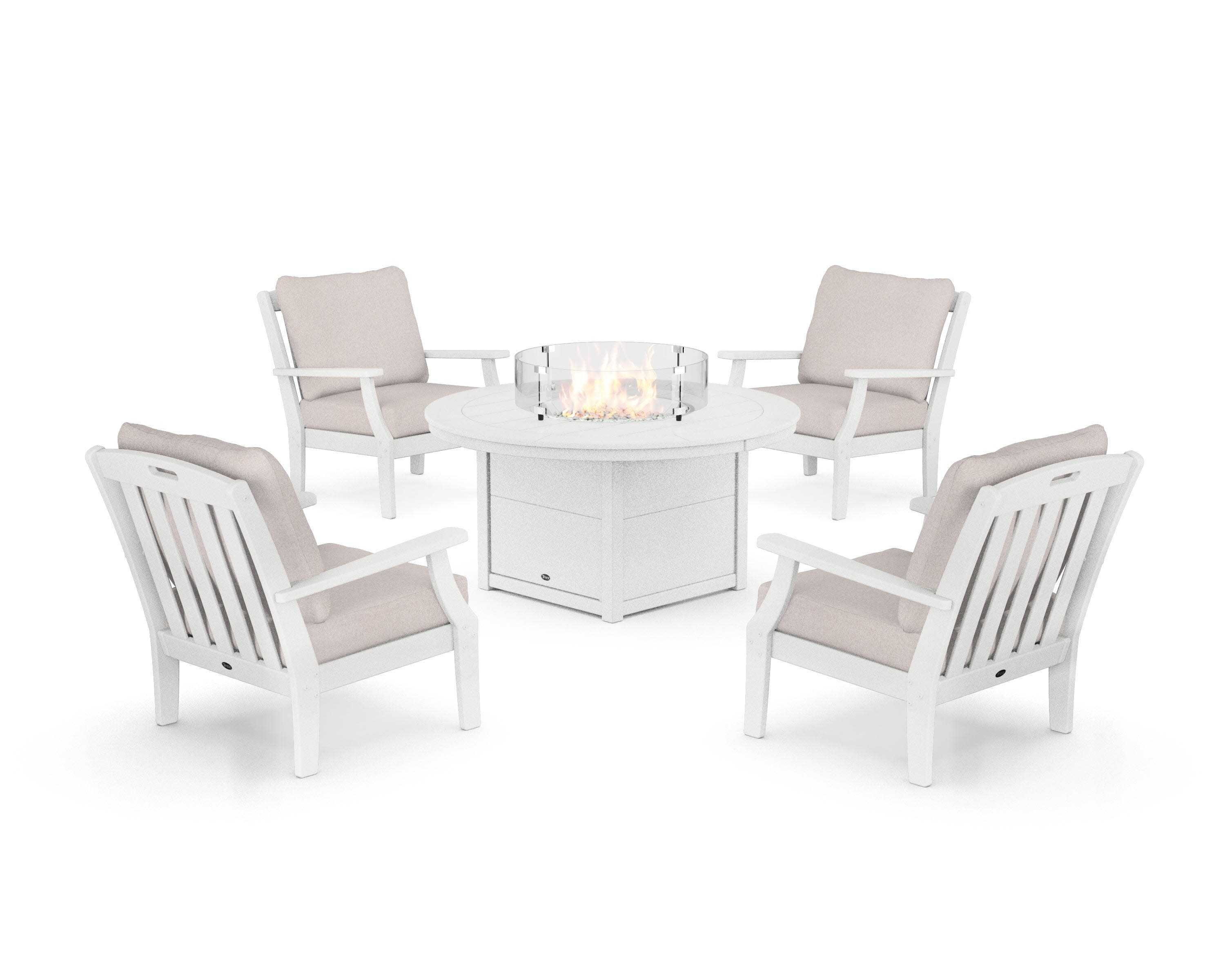 Yacht Club 5-Piece Deep Seating Set with Round Fire Pit Table in Classic White / Dune Burlap