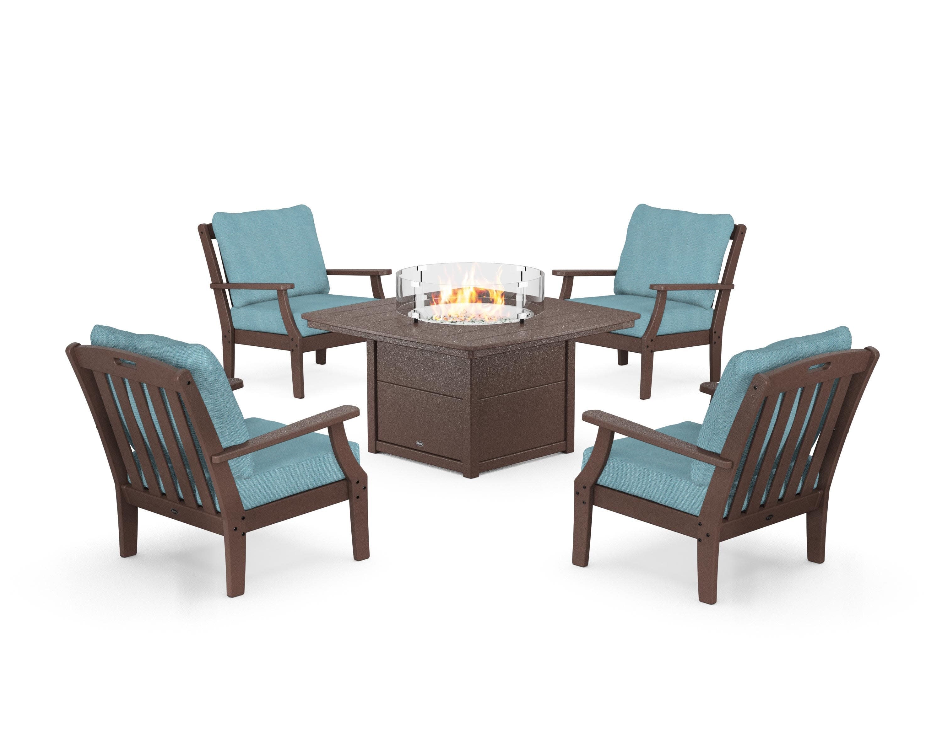 Yacht Club 5-Piece Deep Seating Set with Fire Pit Table in Vintage Lantern / Lattice Sky Blue