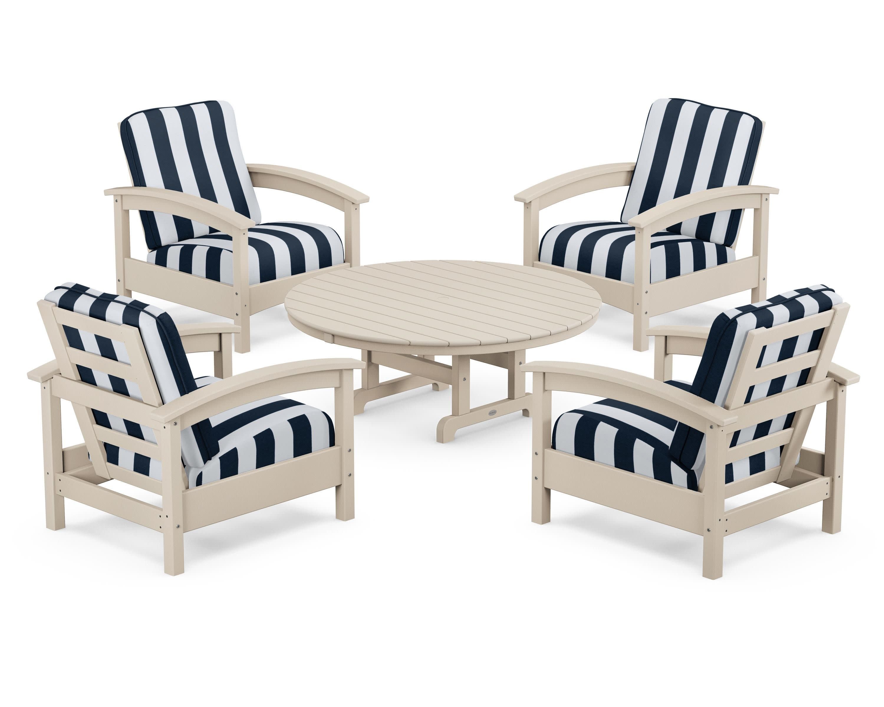 Rockport 5-Piece Deep Seating Set in Sand Castle / Cabana Stripe Marine Indigo
