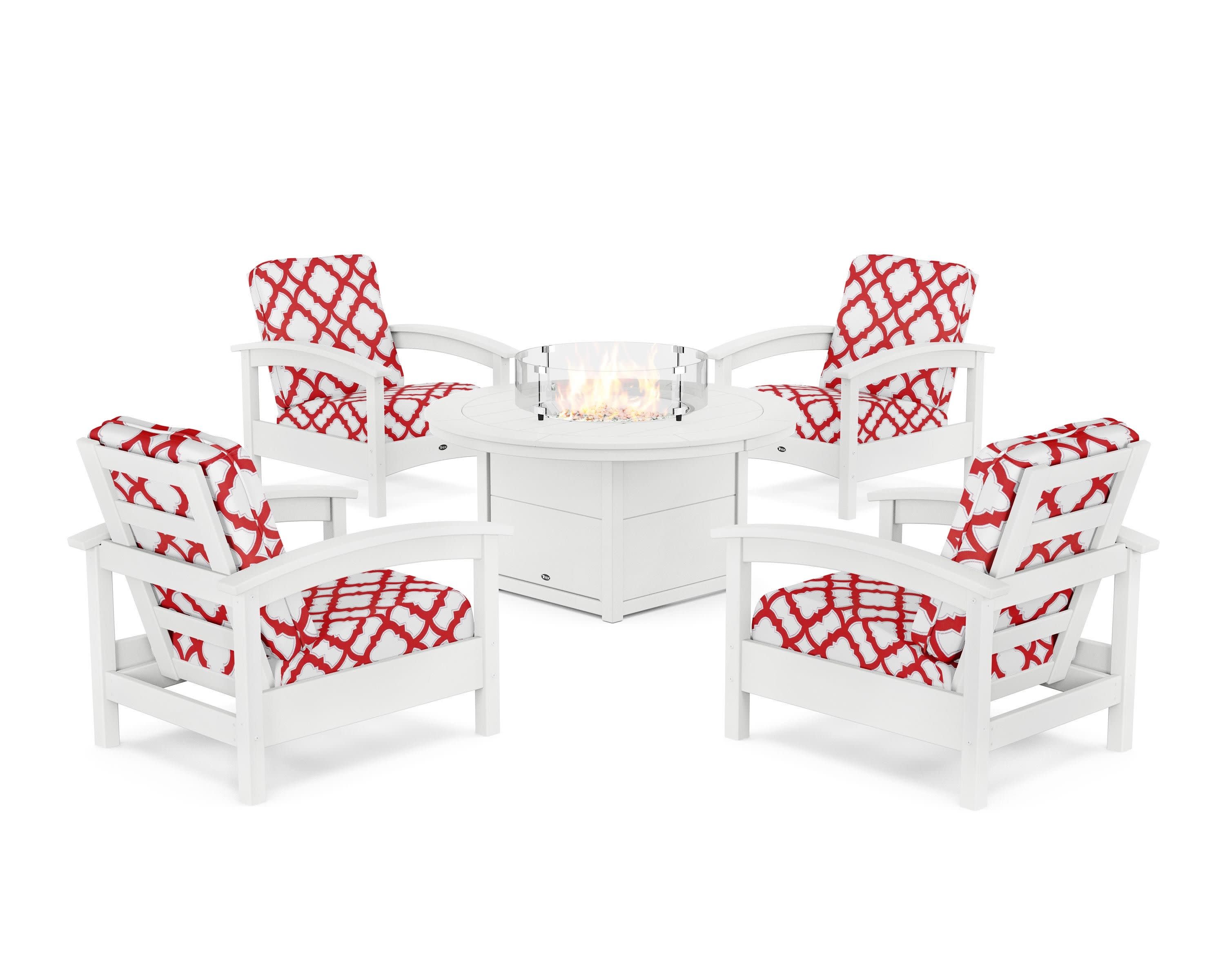 Rockport 5-Piece Deep Seating Set with Round Fire Pit Table in Classic White / Trellis Crimson