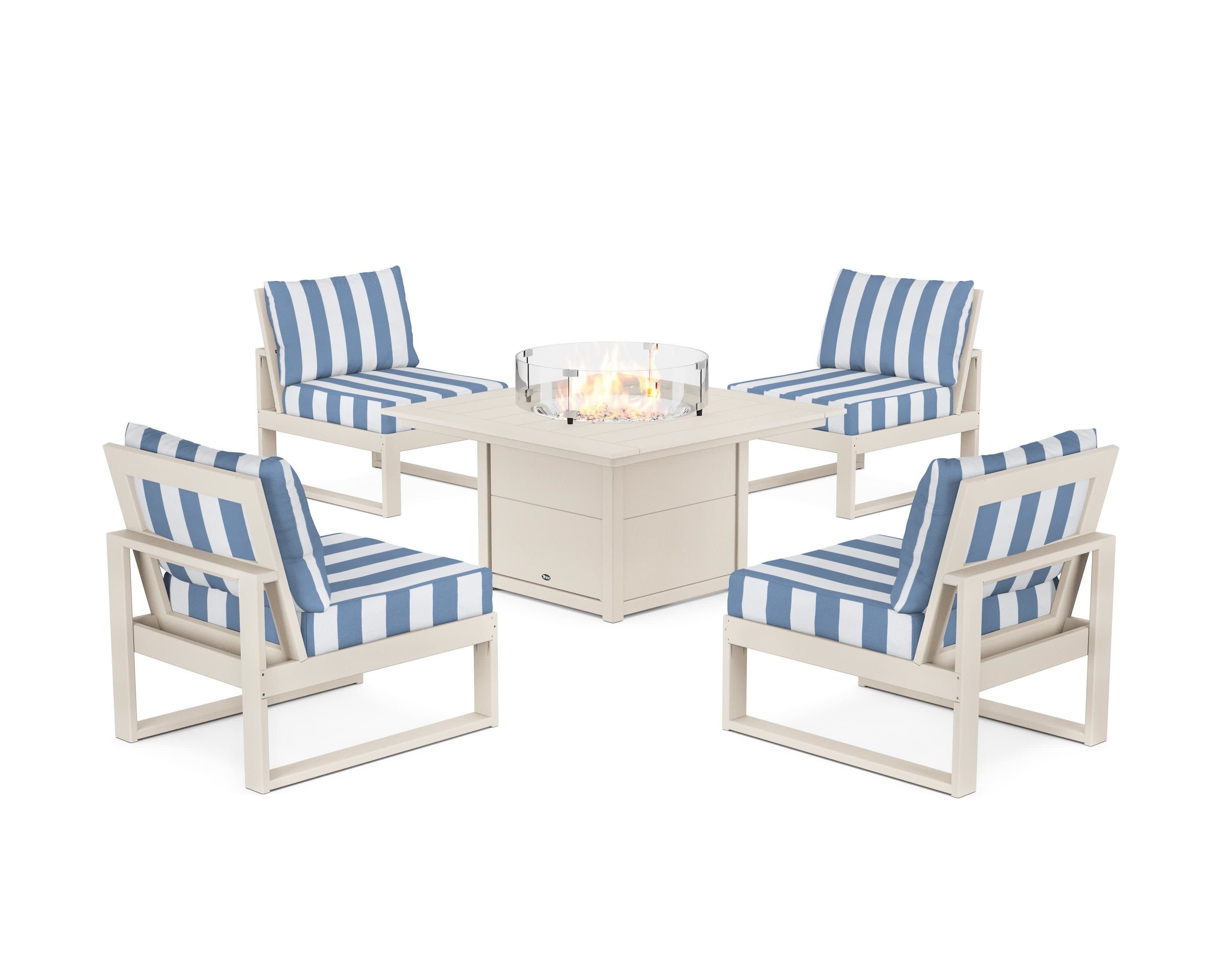 Eastport Modular 5-Piece Deep Seating Set with Square Fire Pit Table in Sand Castle / Cabana Stripe Sky Blue