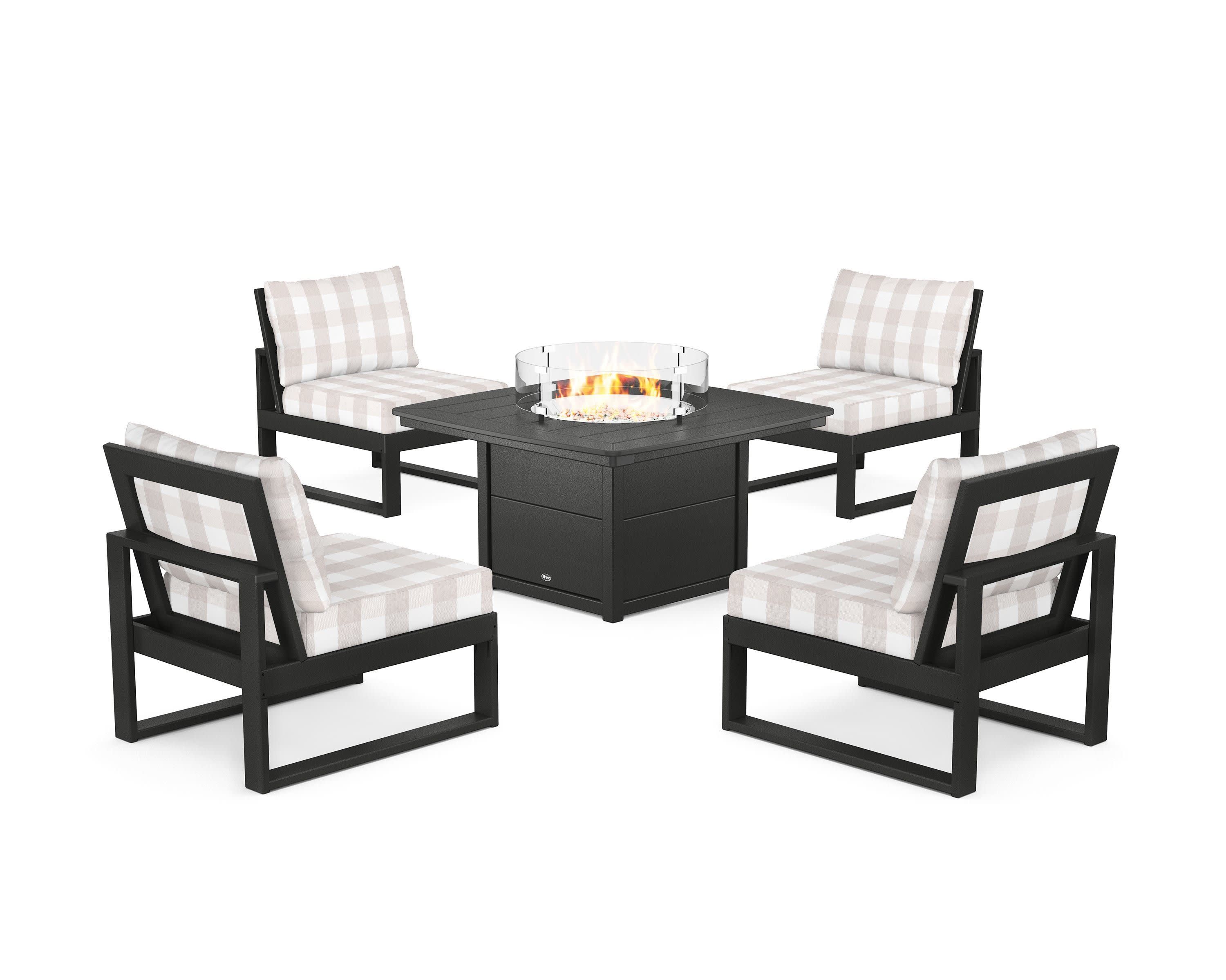 Eastport Modular 5-Piece Deep Seating Set with Yacht Club Fire Pit Table in Charcoal Black / Buffalo Plaid Dune Burlap