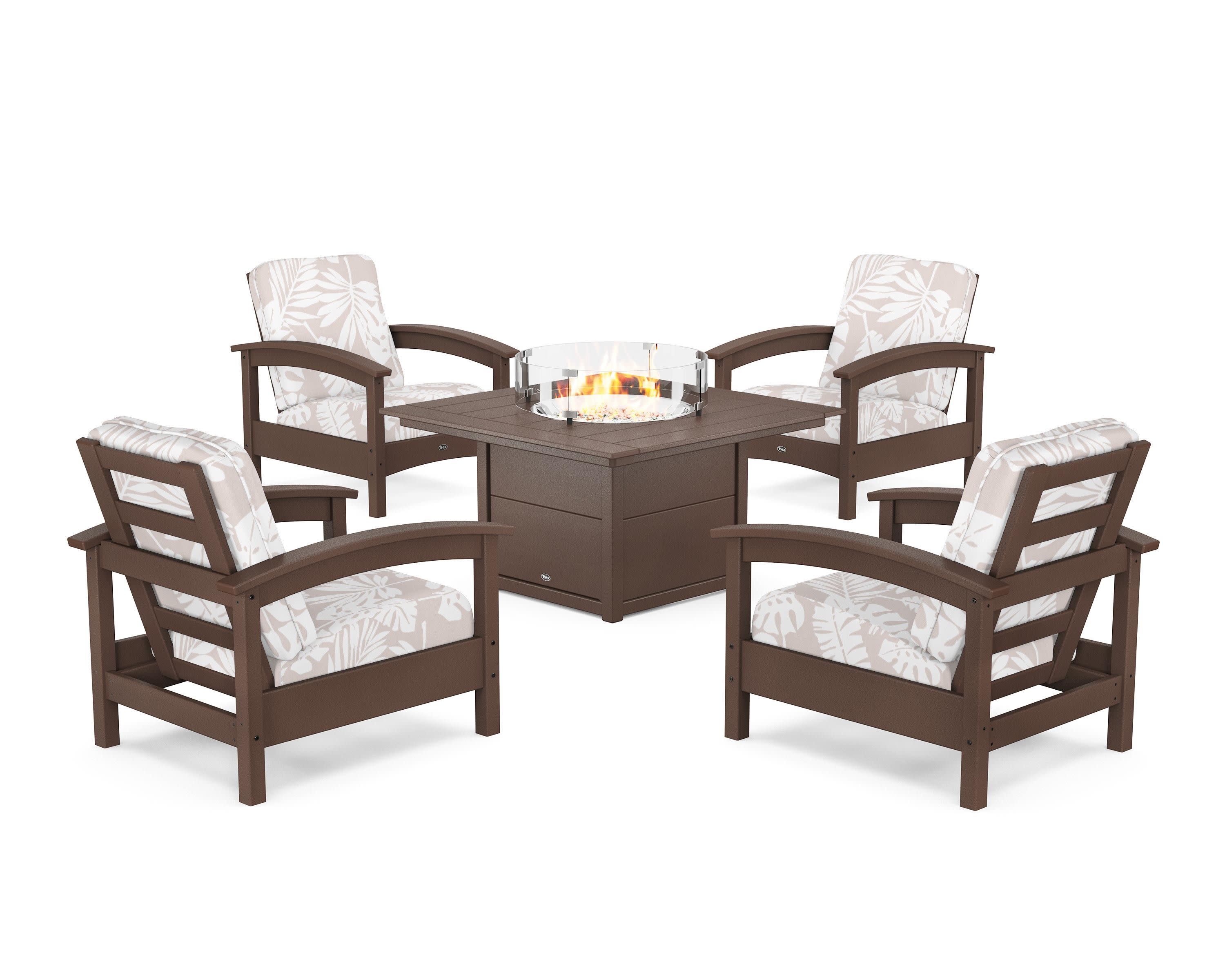 Rockport 5-Piece Deep Seating Set with Square Fire Pit Table in Vintage Lantern / Leaf Dune Burlap