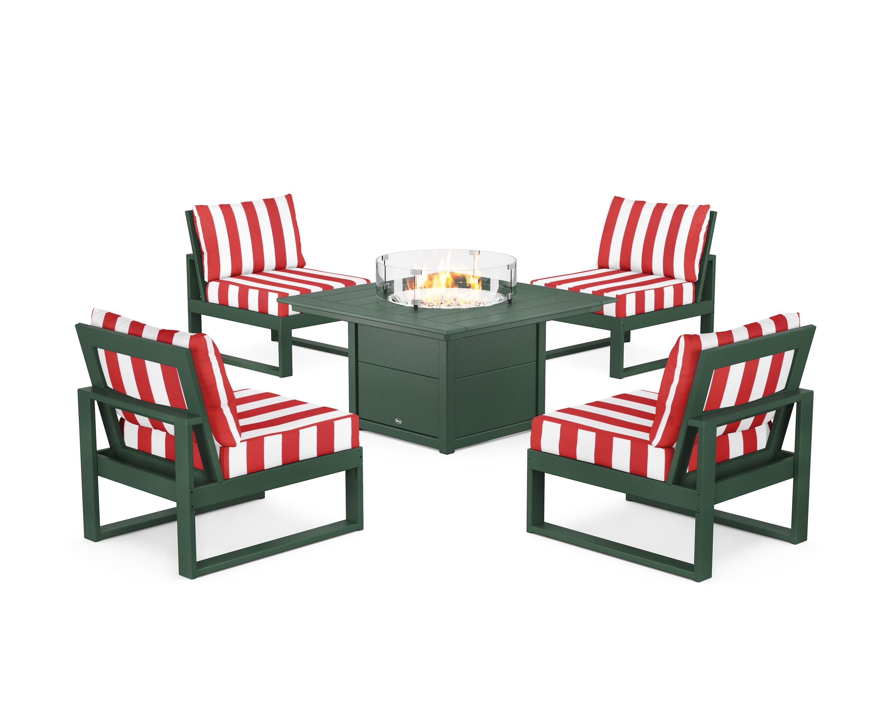 Eastport Modular 5-Piece Deep Seating Set with Square Fire Pit Table in Rainforest Canopy / Cabana Stripe Crimson
