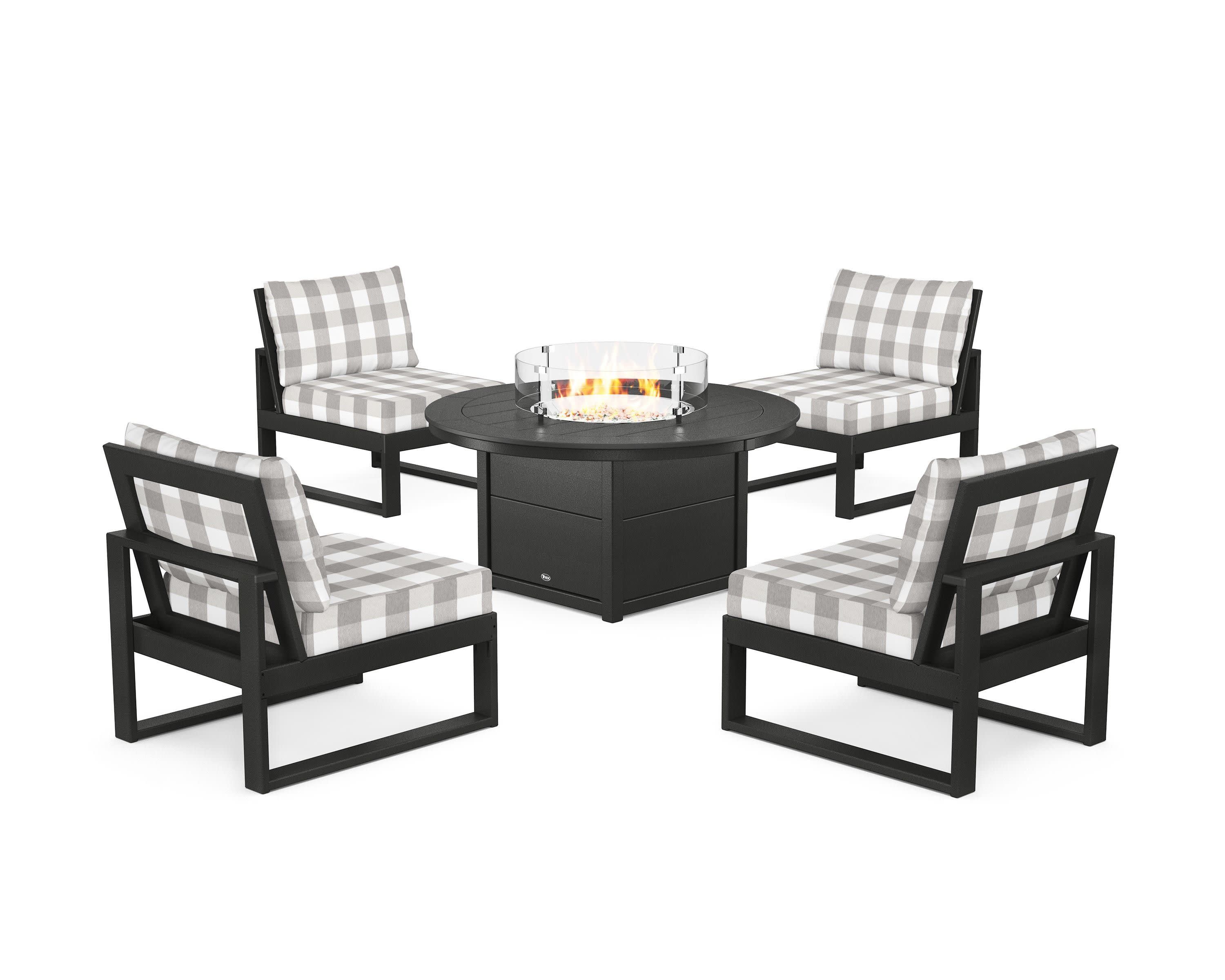 Eastport Modular 5-Piece Deep Seating Set with Round Fire Pit Table in Charcoal Black / Buffalo Plaid Grey Mist