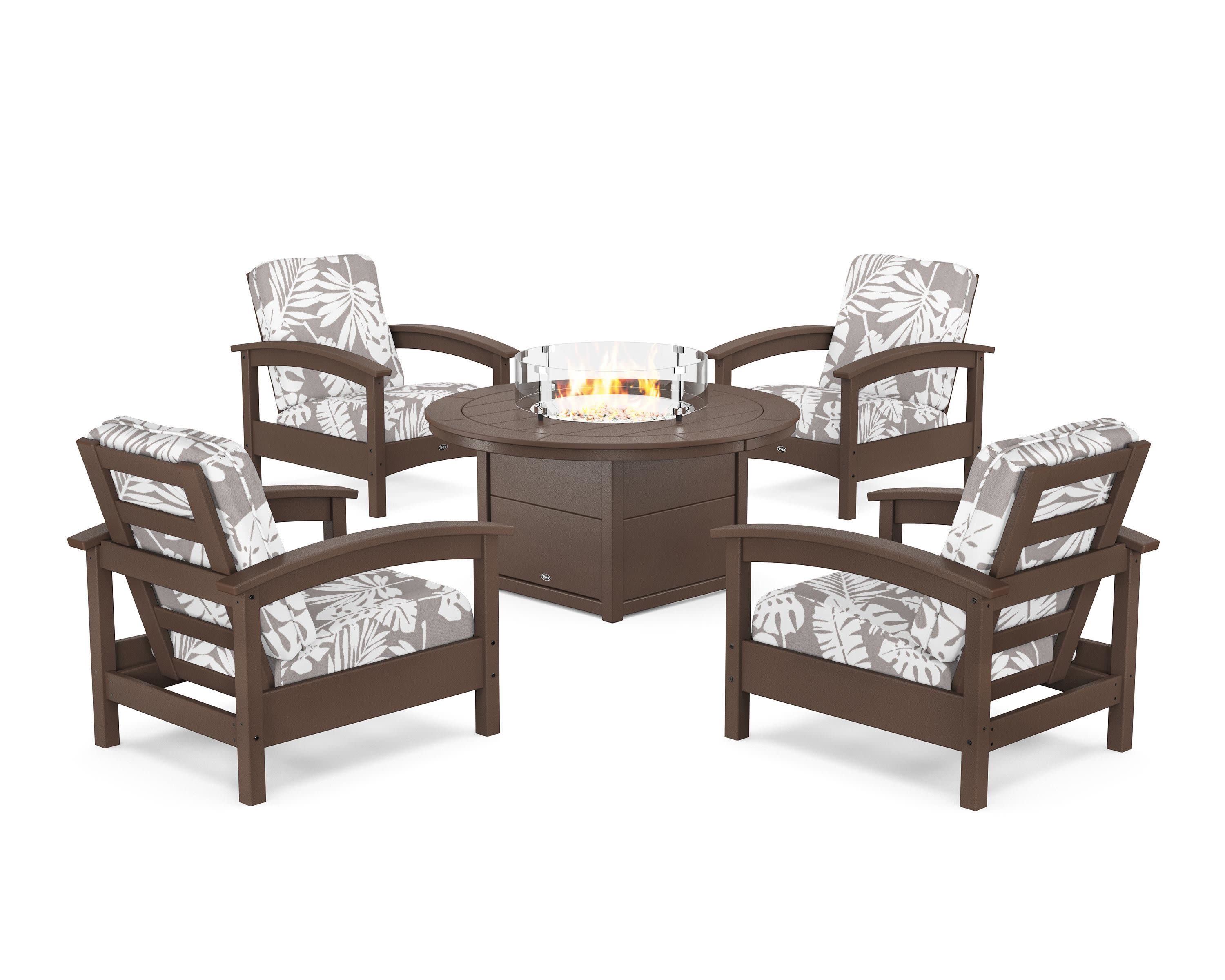 Rockport 5-Piece Deep Seating Set with Round Fire Pit Table in Vintage Lantern / Leaf Grey Mist