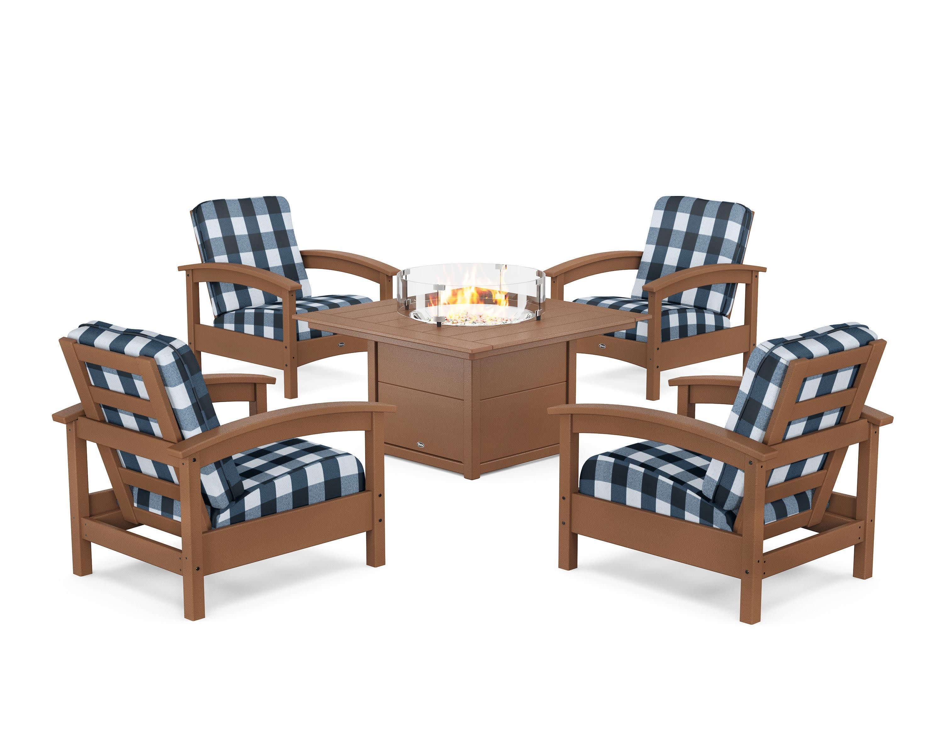 Rockport 5-Piece Deep Seating Set with Square Fire Pit Table in Tree House / Buffalo Plaid Marine Indigo