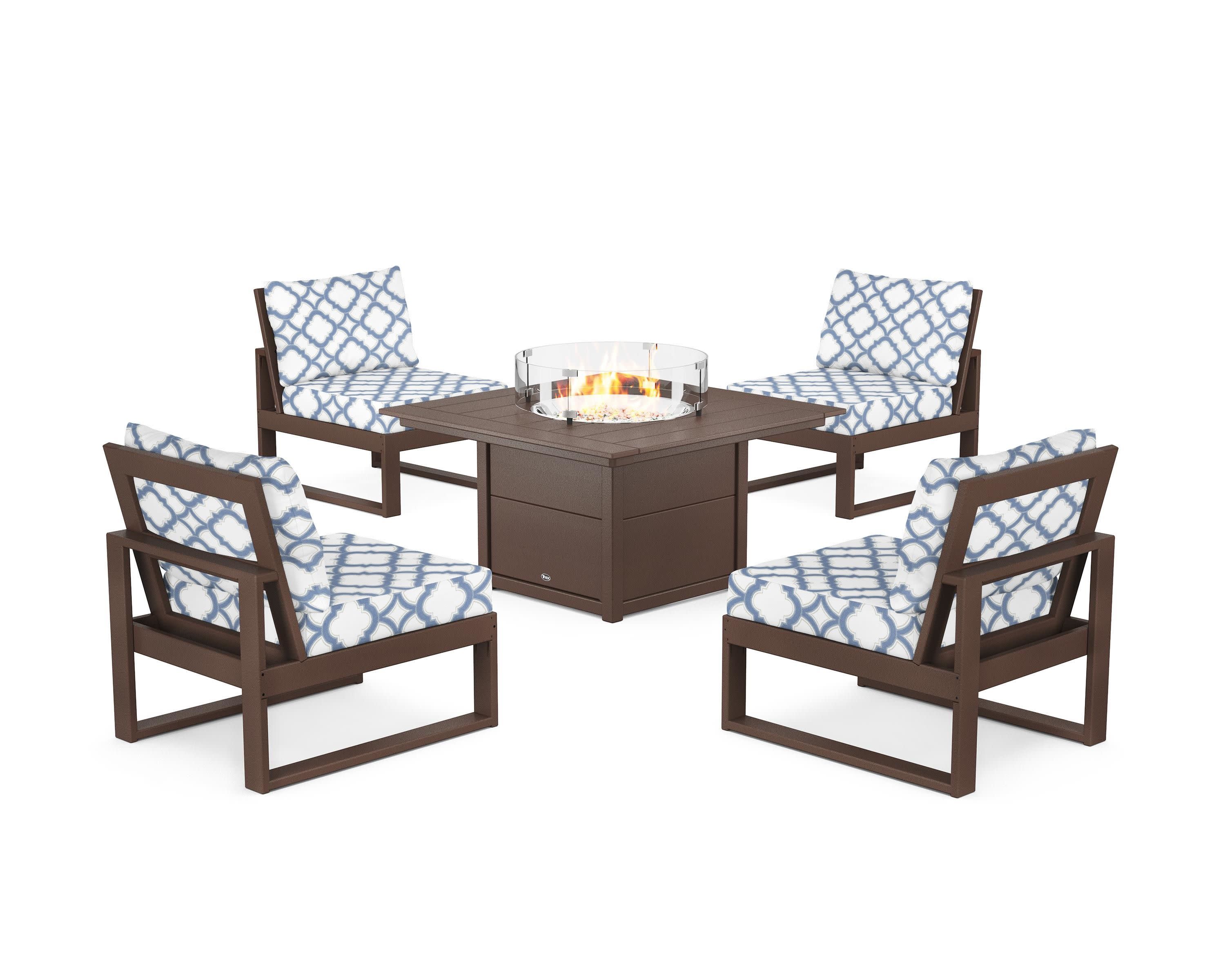 Eastport Modular 5-Piece Deep Seating Set with Square Fire Pit Table in Vintage Lantern / Trellis Sky Blue