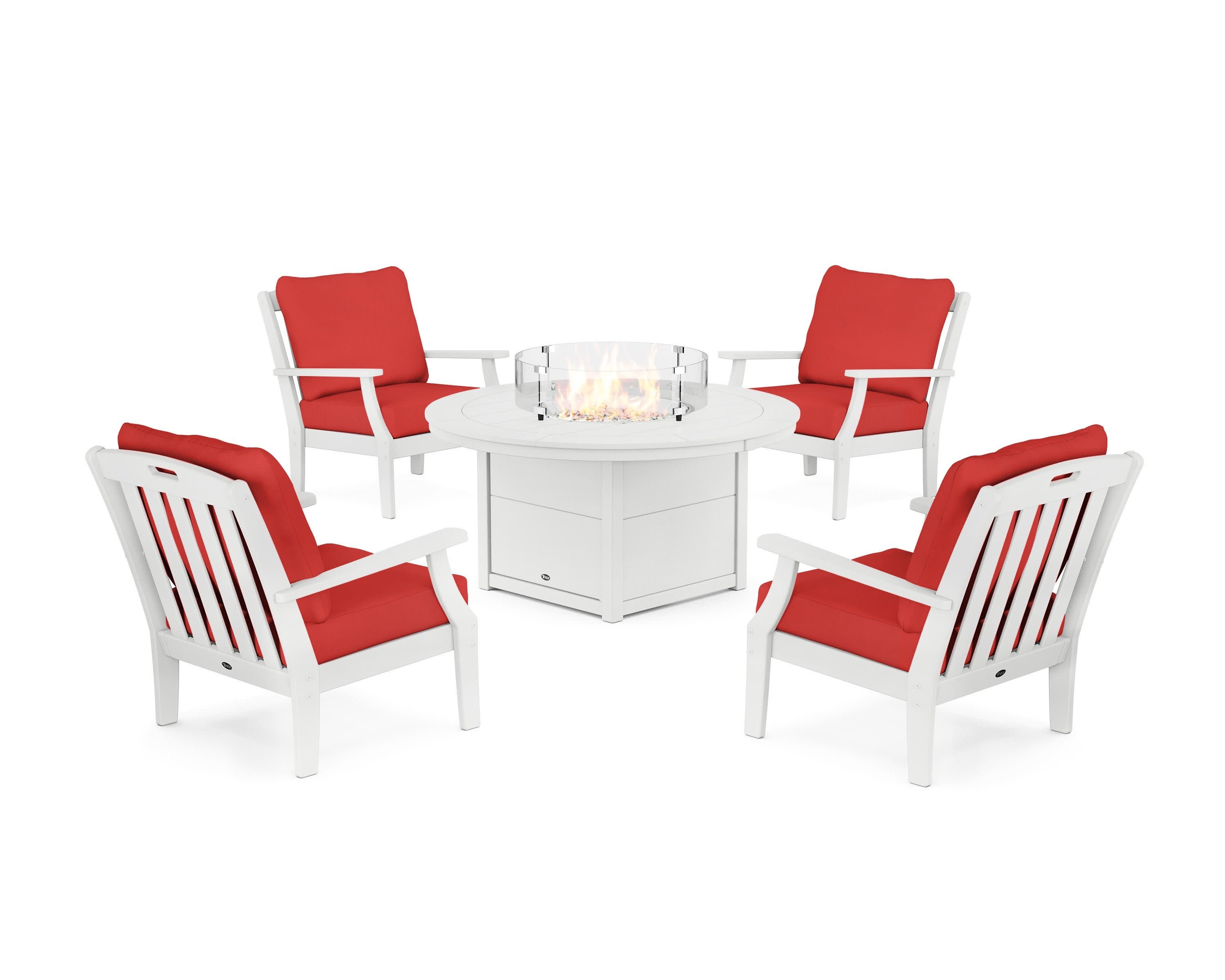 Yacht Club 5-Piece Deep Seating Set with Round Fire Pit Table in Classic White / Crimson Linen