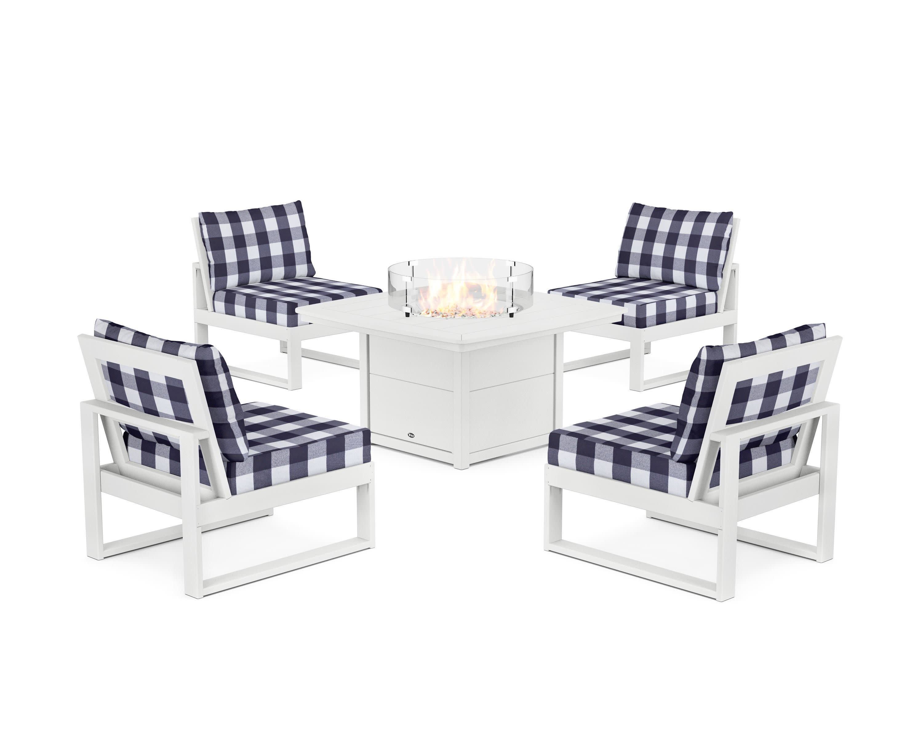 Eastport Modular 5-Piece Deep Seating Set with Yacht Club Fire Pit Table in Classic White / Buffalo Plaid Navy