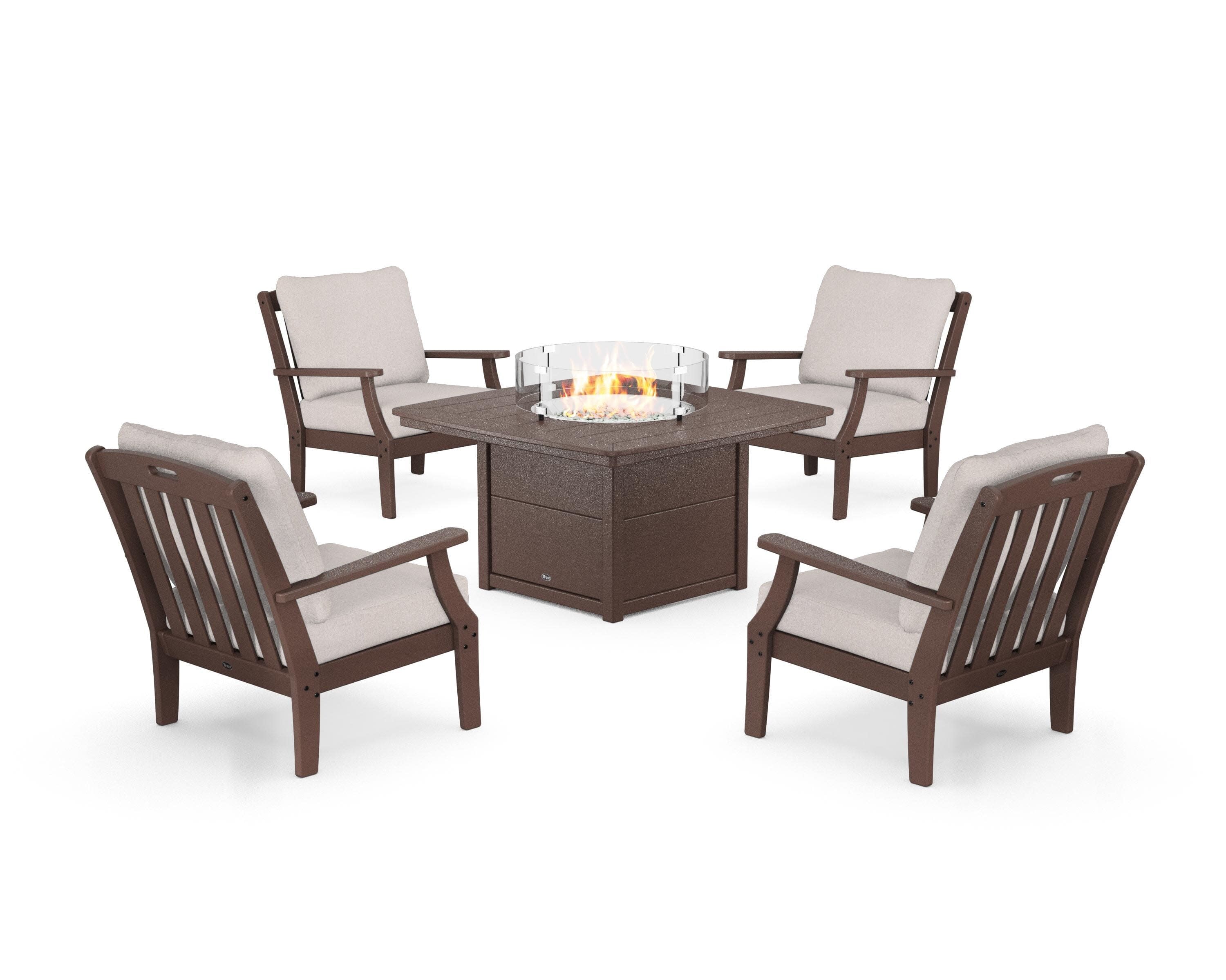 Yacht Club 5-Piece Deep Seating Set with Fire Pit Table in Vintage Lantern / Dune Burlap